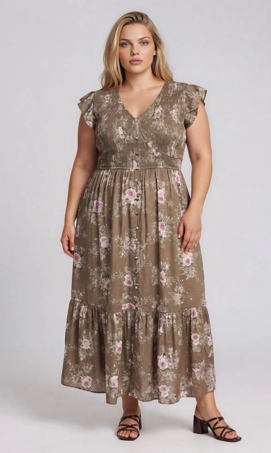 Plus-Smocked V Neck Midi Dress