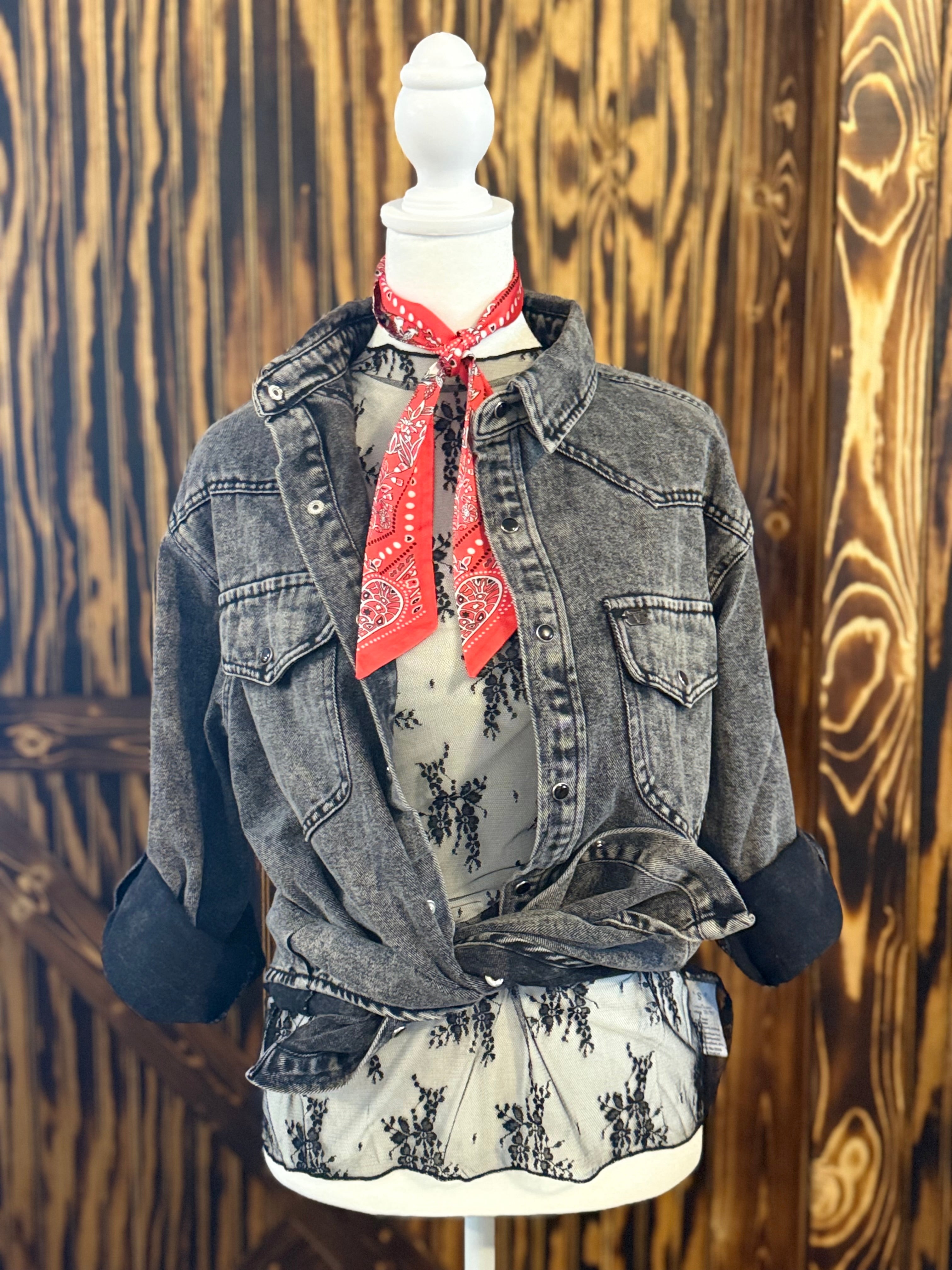 Black Denim Mineral Wash Pearl Snap