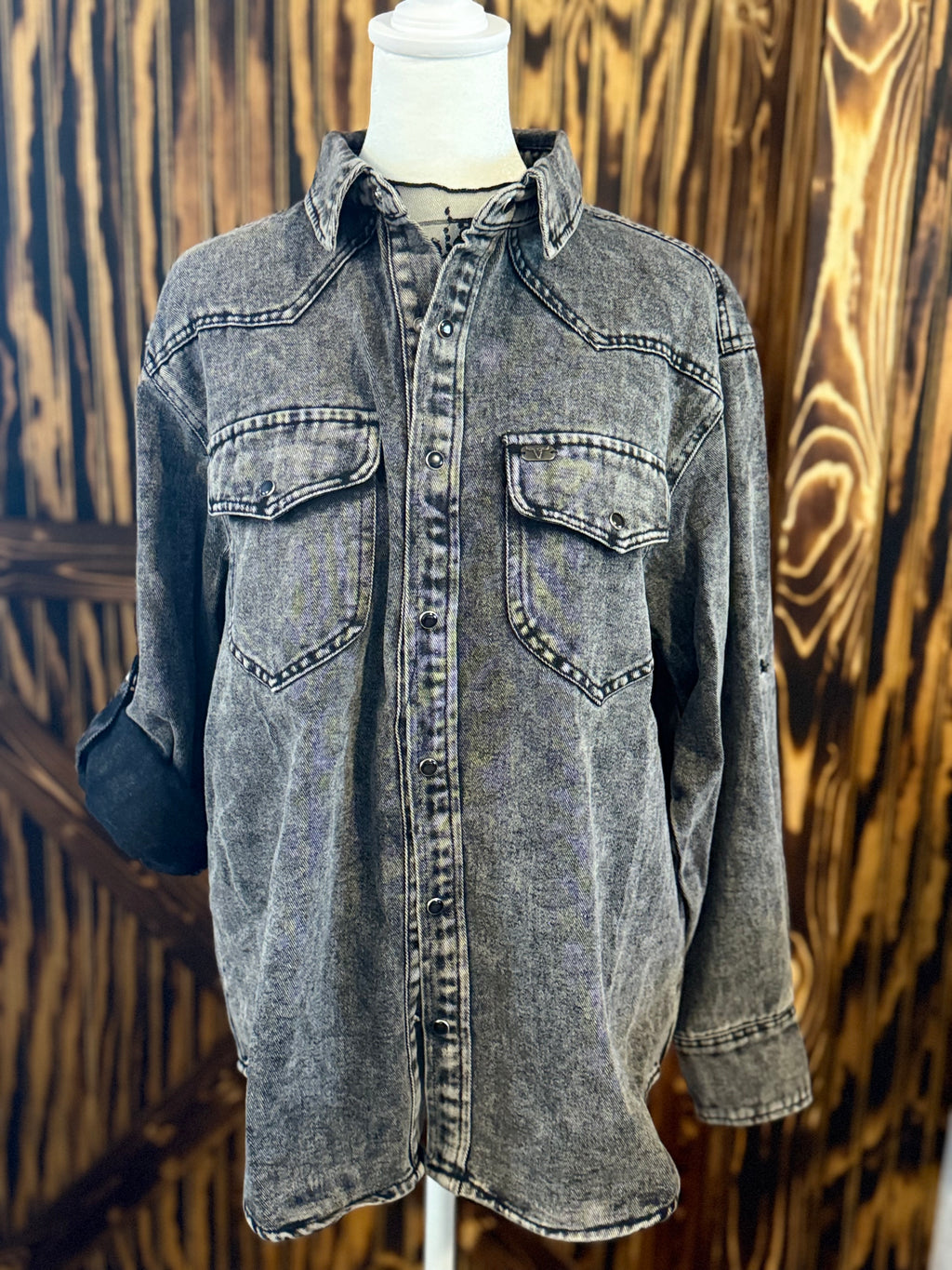 Black Denim Mineral Wash Pearl Snap