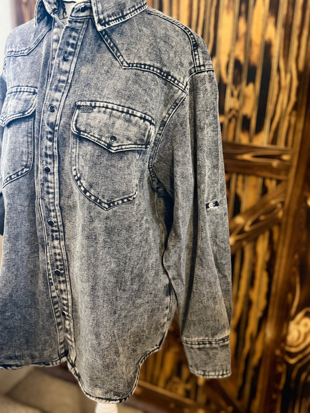 Black Denim Mineral Wash Pearl Snap