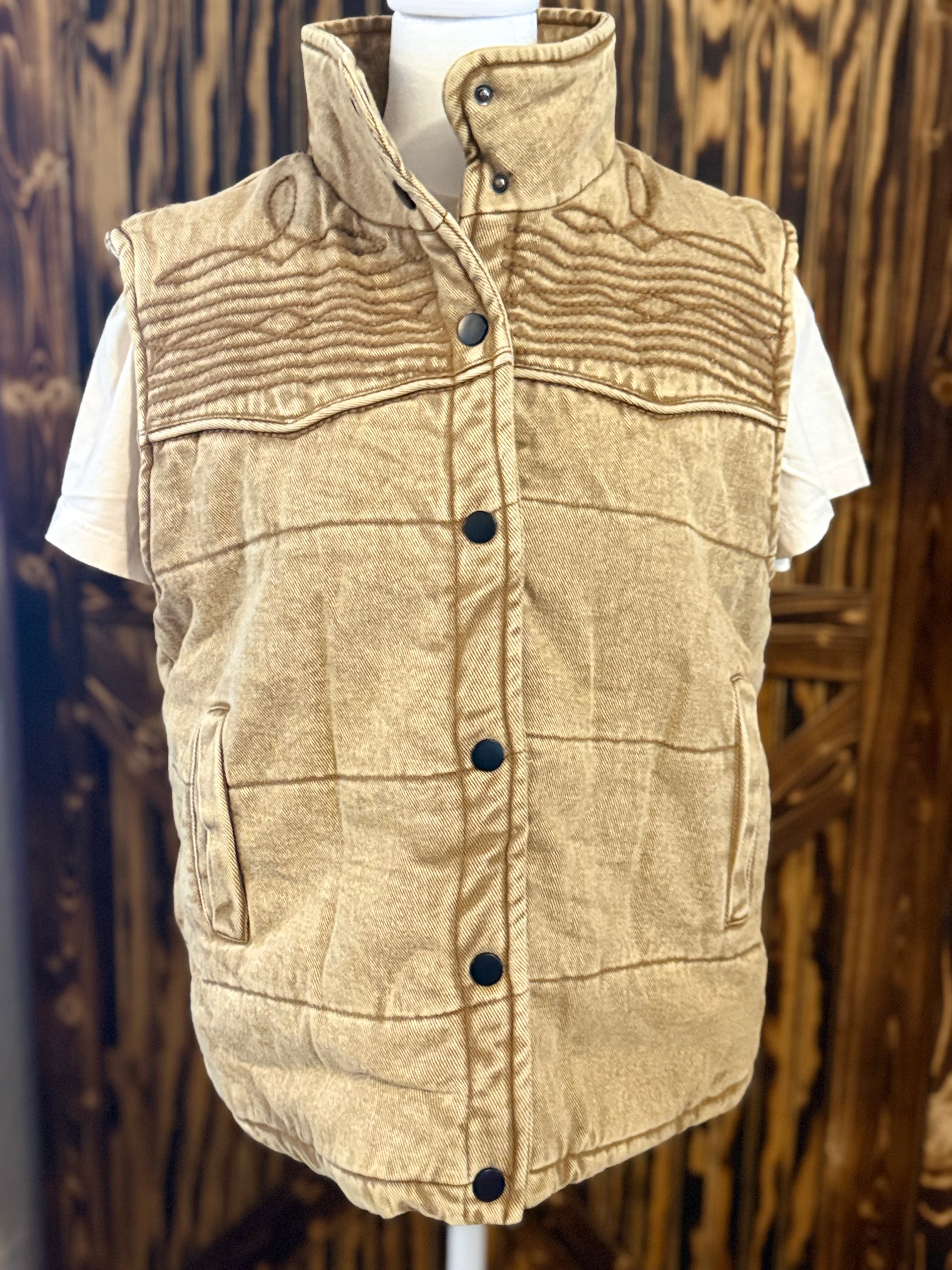 Tan Denim Studded Puffer Vest