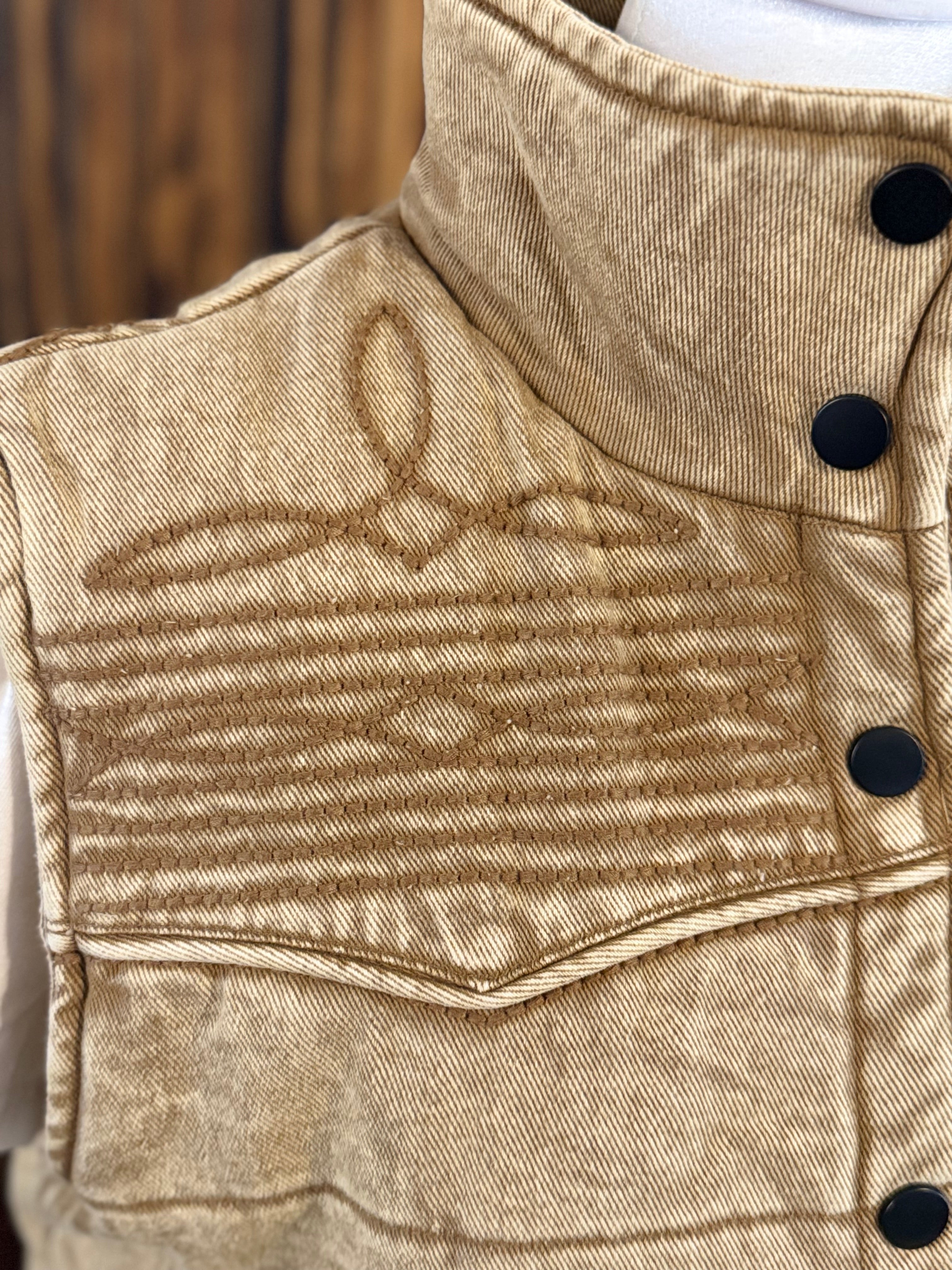 Tan Denim Studded Puffer Vest