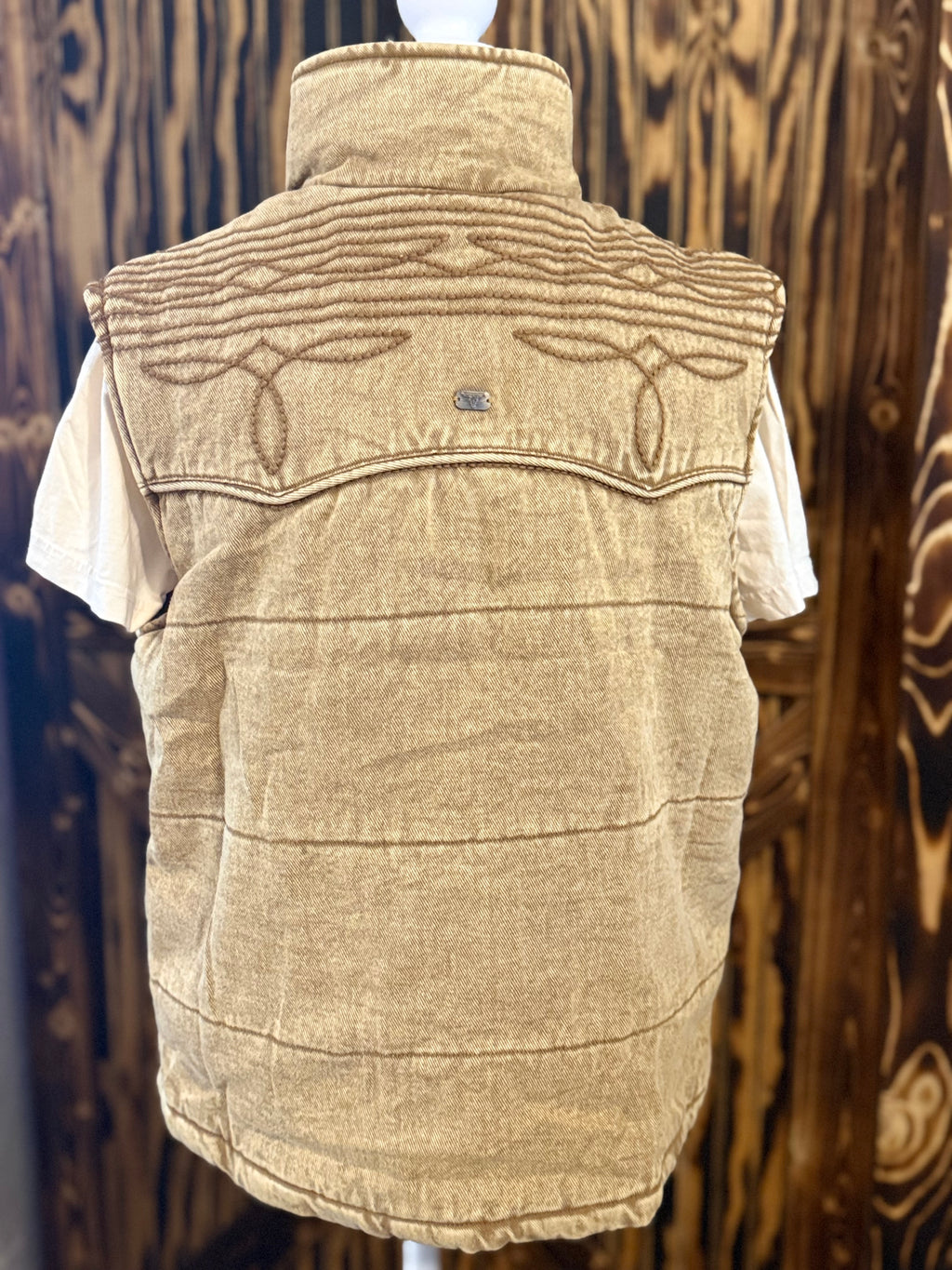 Tan Denim Studded Puffer Vest