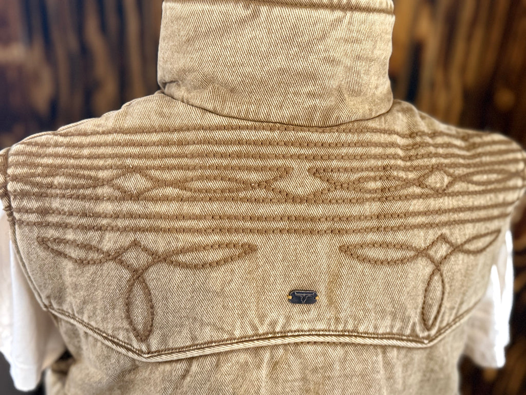 Tan Denim Studded Puffer Vest