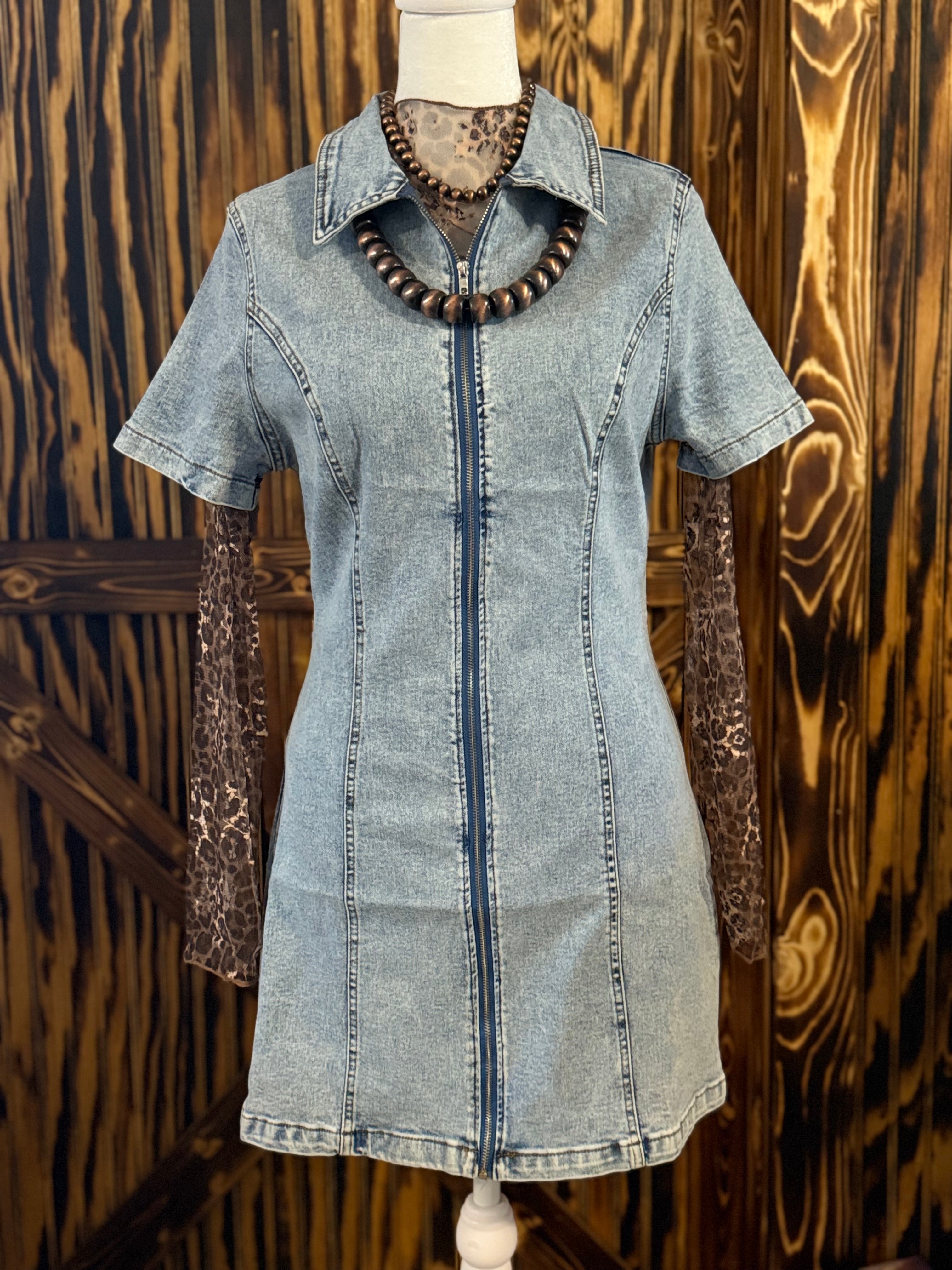 Light Denim Stretch Zip Up Dress
