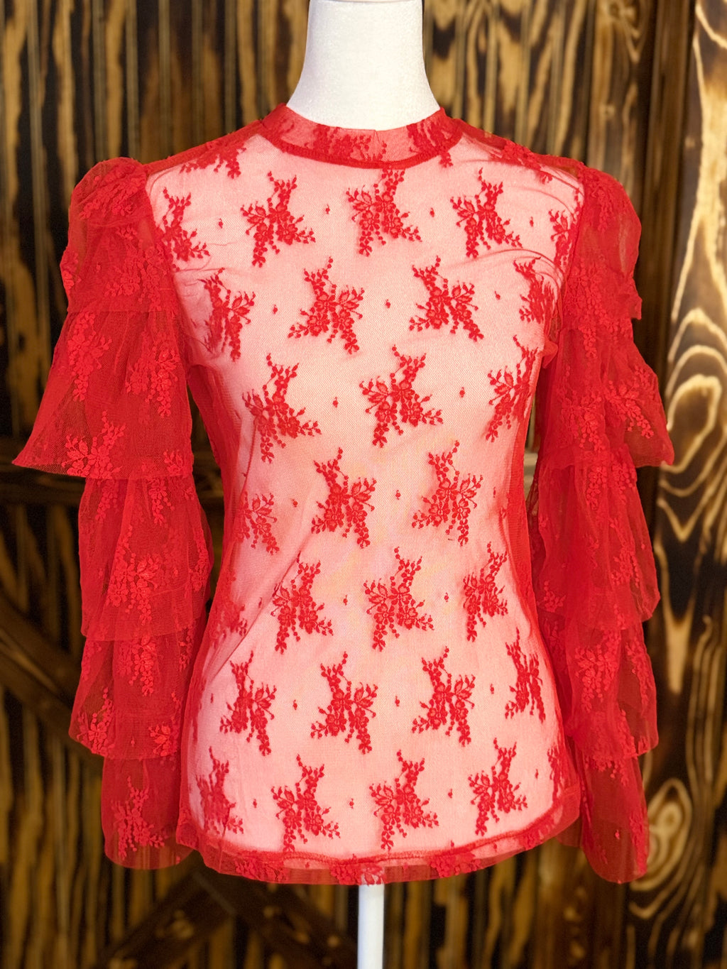 Red Ruffle Sleeve Lace Top