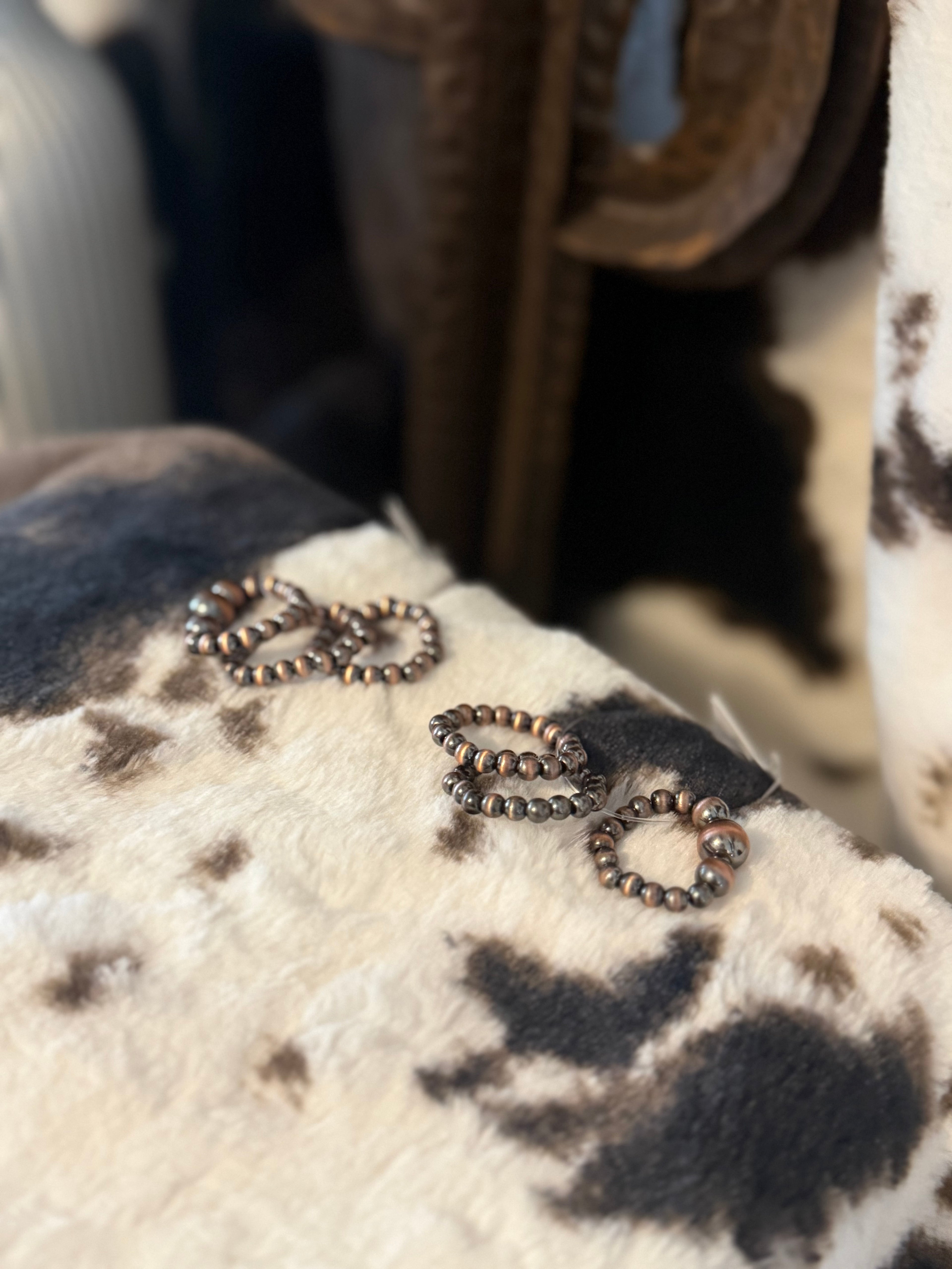 Copper Navajo Beaded Stretch Ring 3 piece Set
