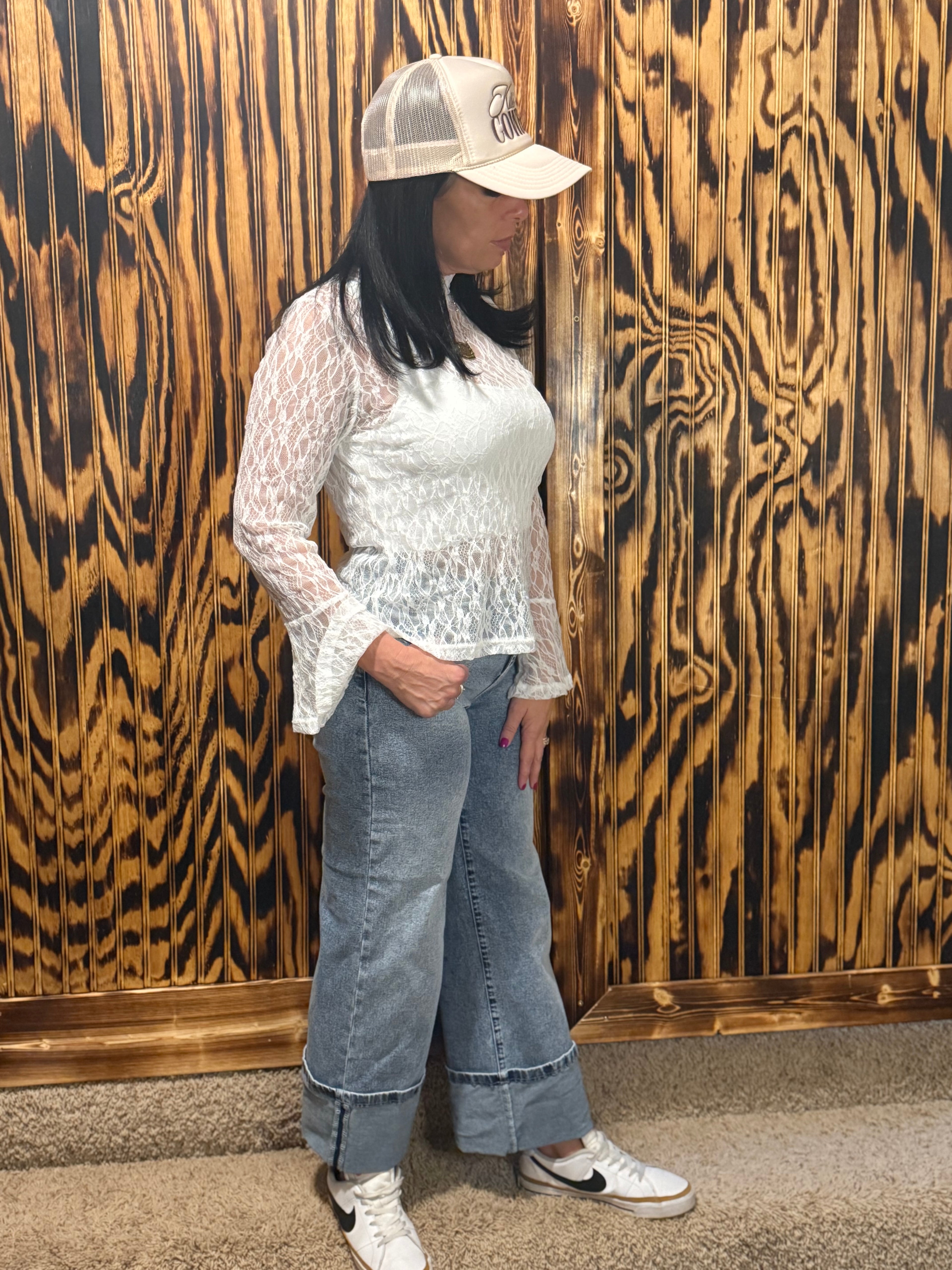 Sheer Lace Bell Sleeve Top