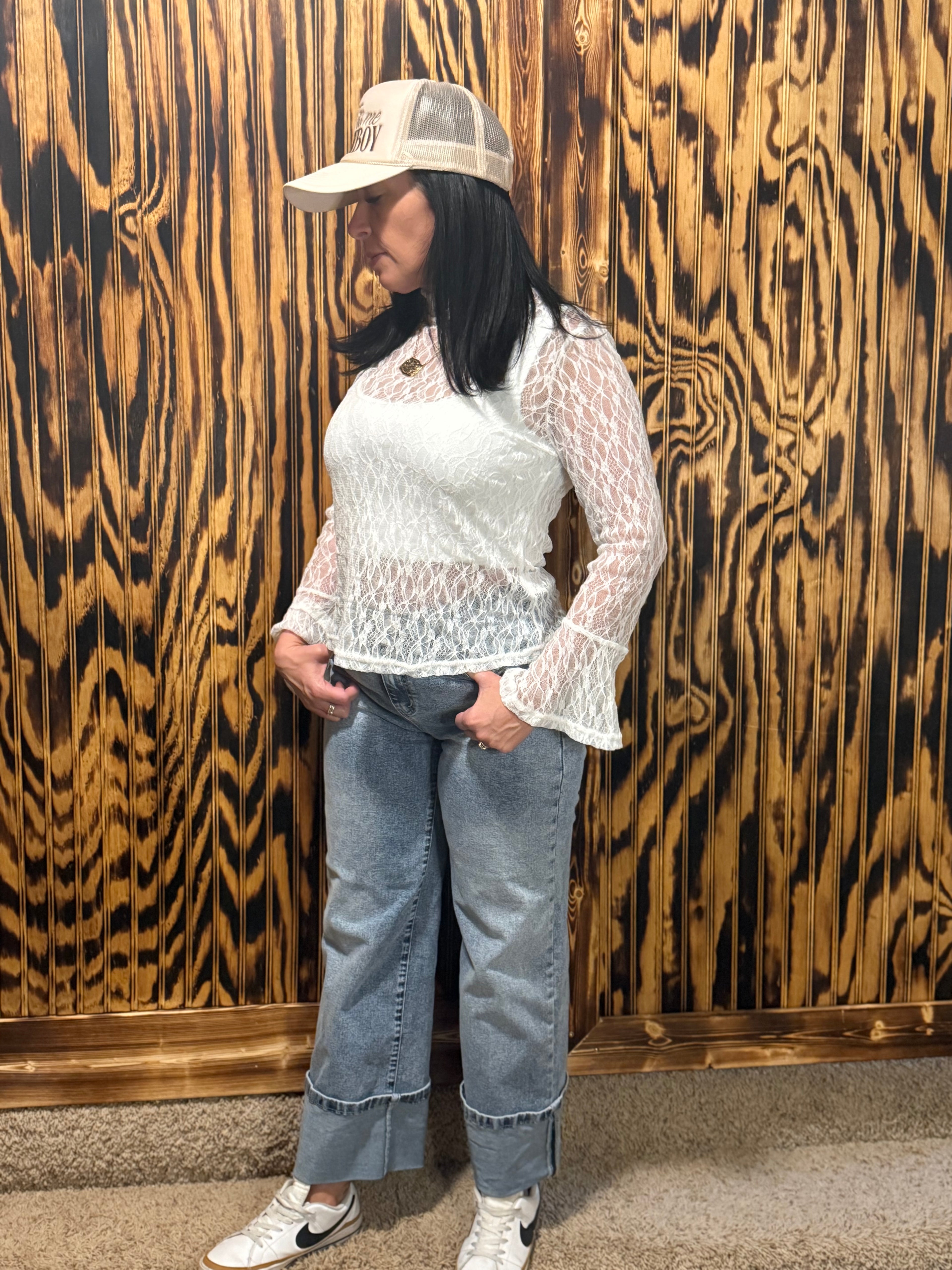 Sheer Lace Bell Sleeve Top
