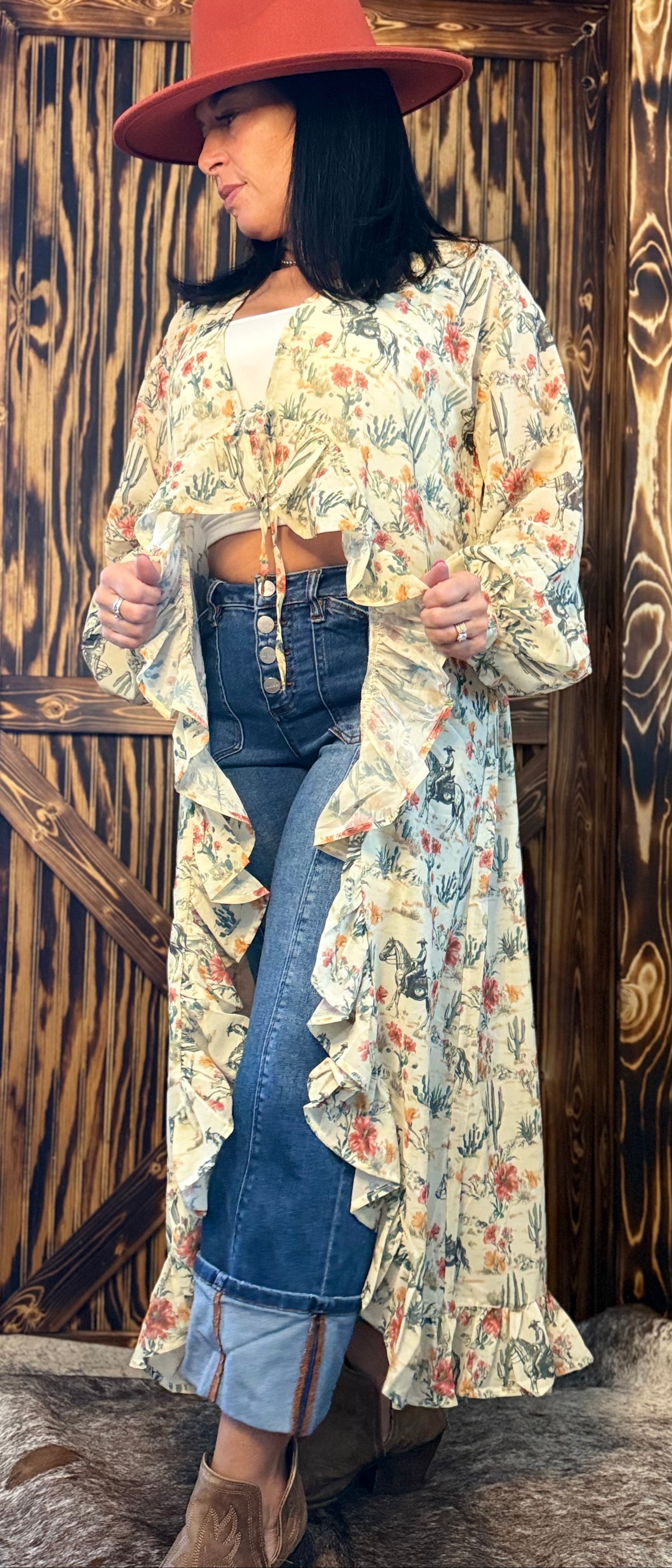 Ruffle Floral Cowboy Print Kimono