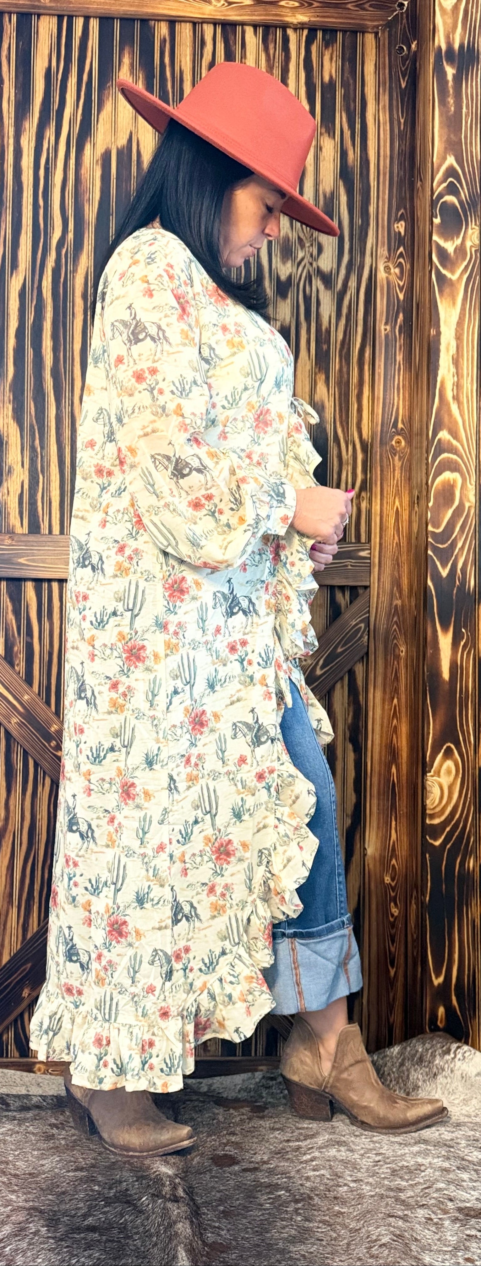 Ruffle Floral Cowboy Print Kimono