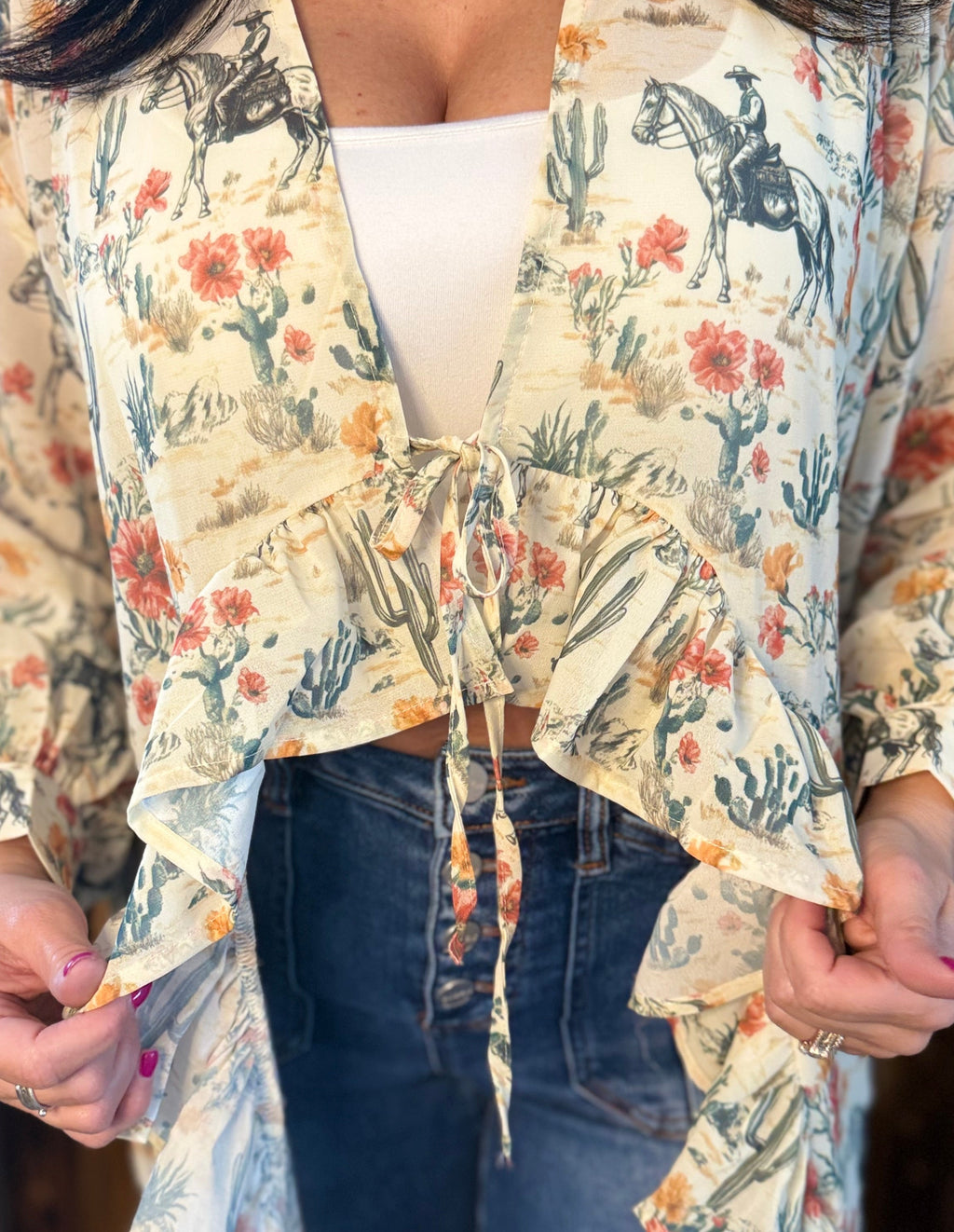 Ruffle Floral Cowboy Print Kimono