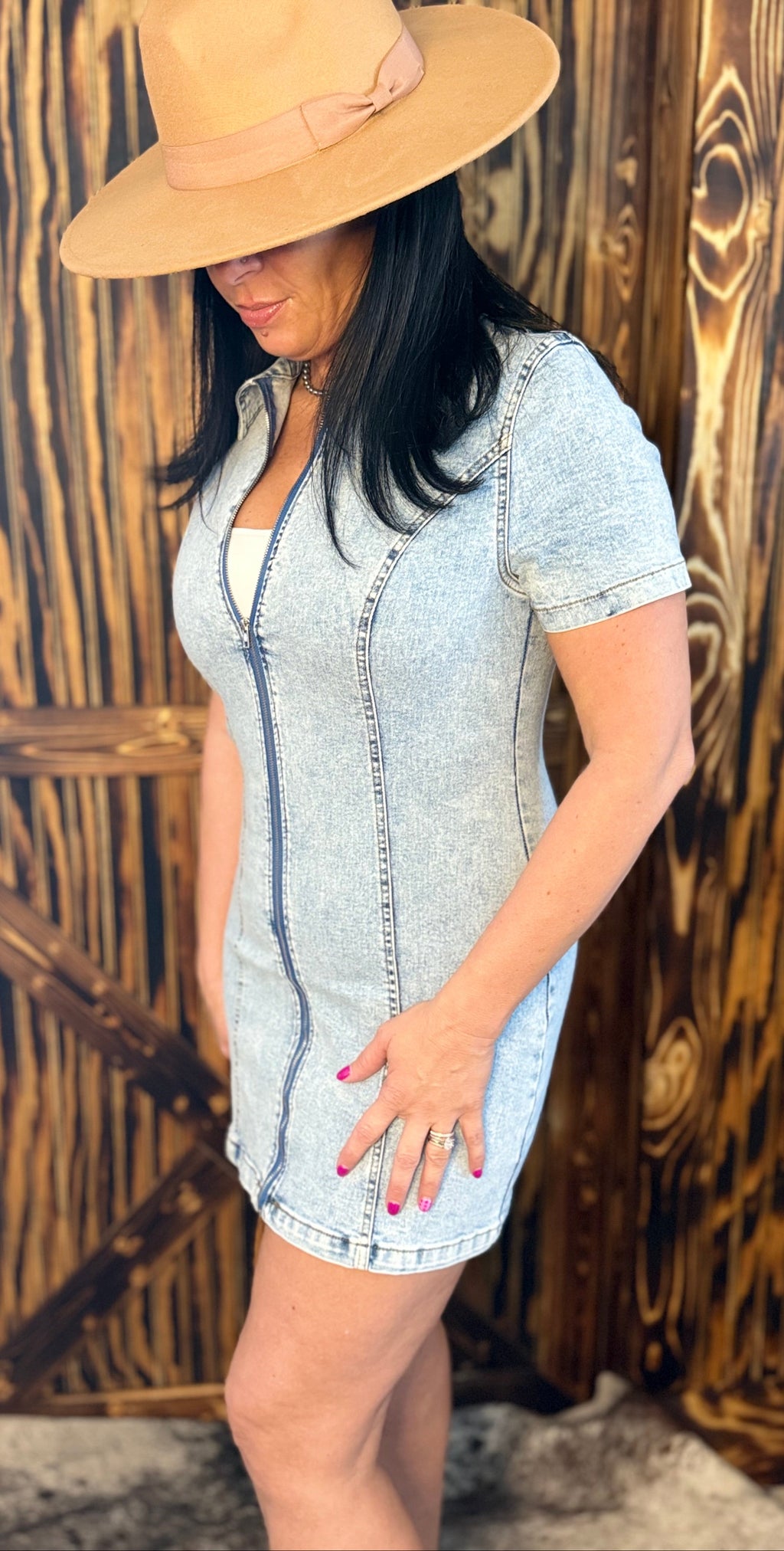 Light Denim Stretch Zip Up Dress