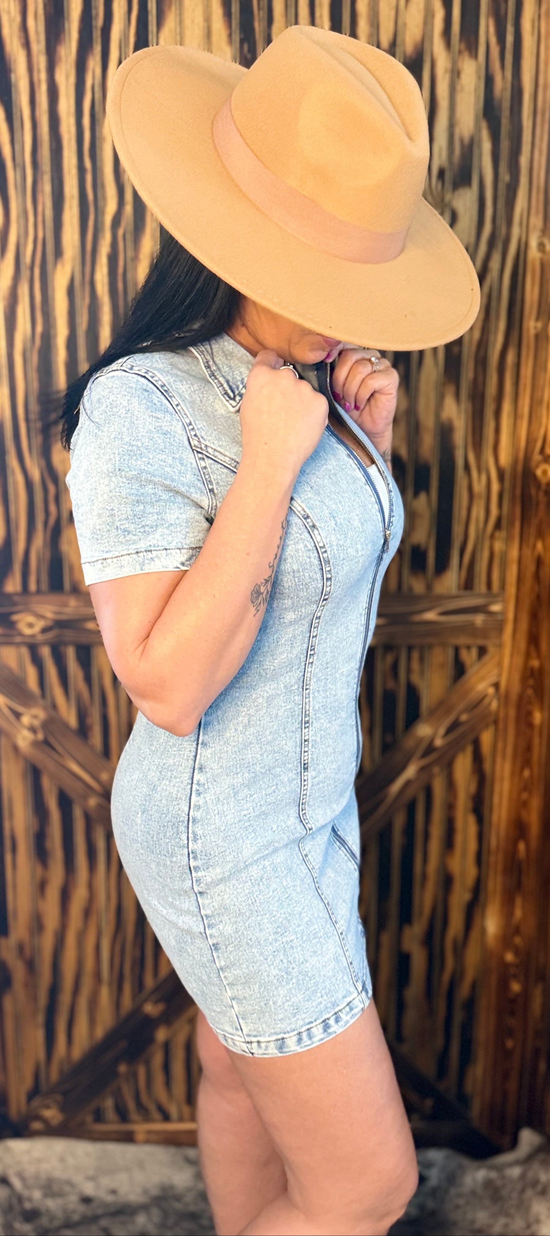 Light Denim Stretch Zip Up Dress