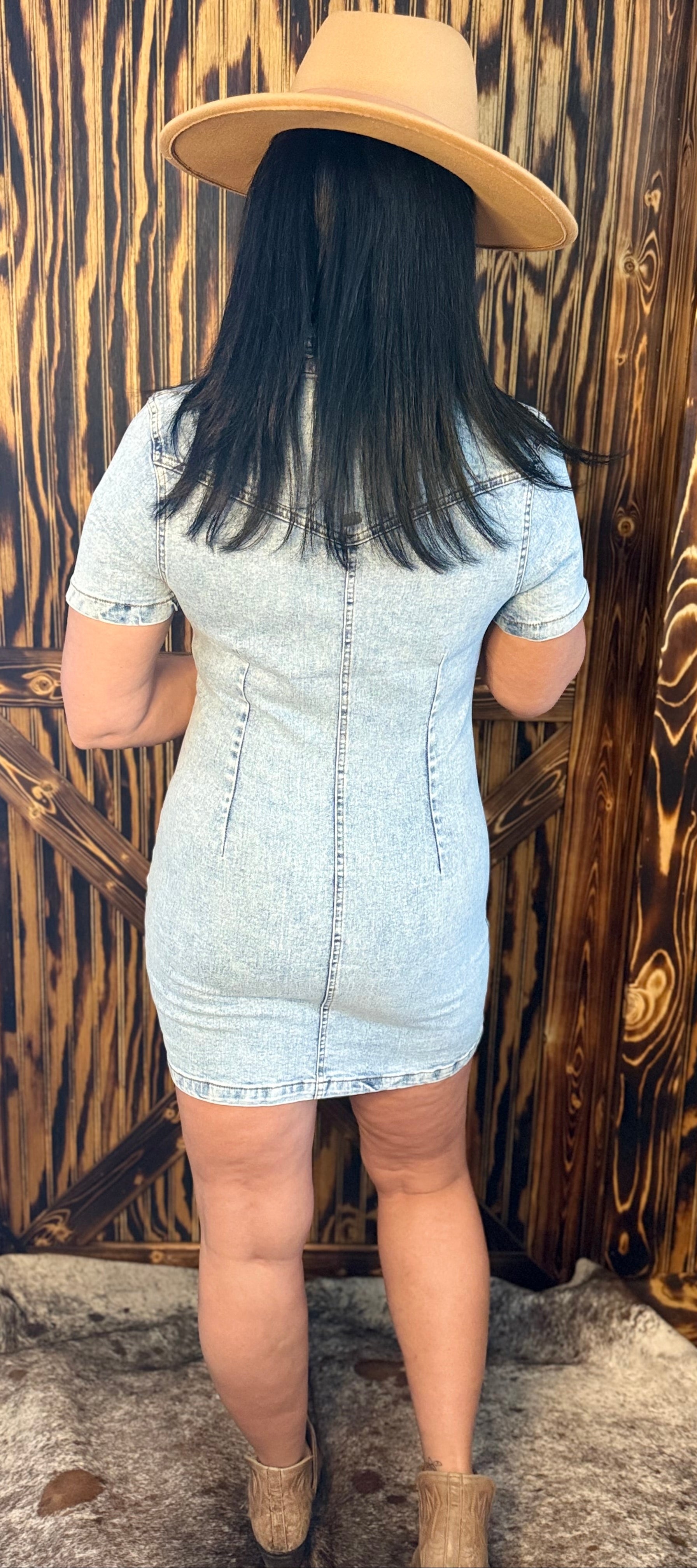 Light Denim Stretch Zip Up Dress