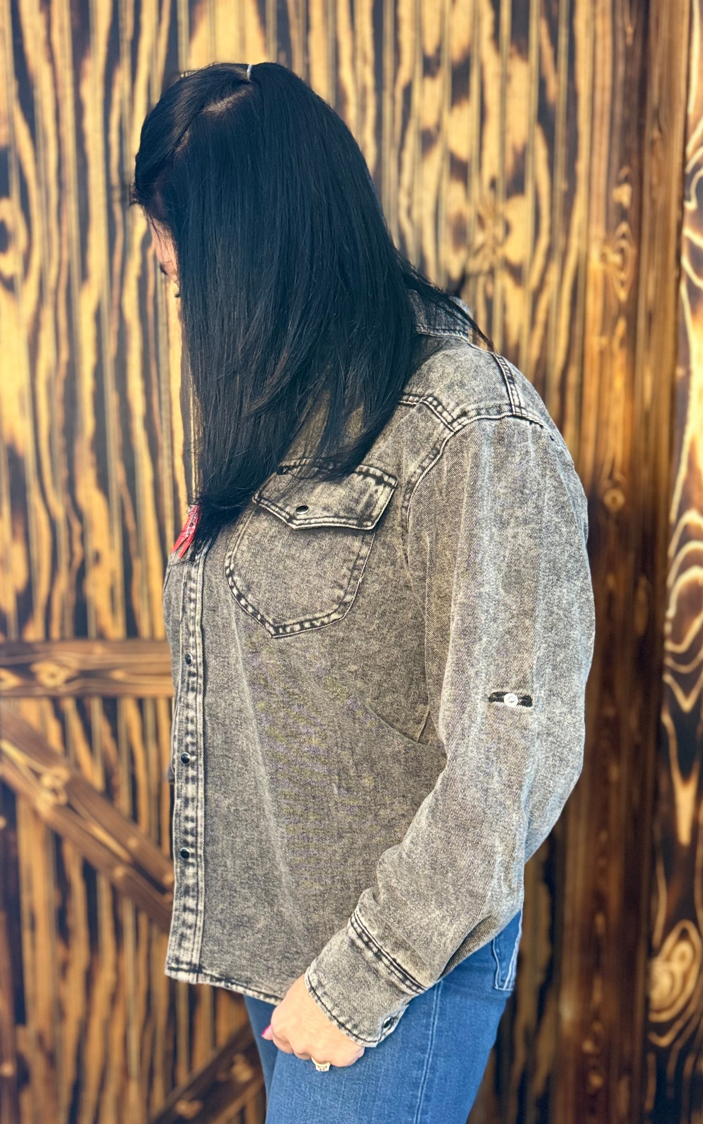 Black Denim Mineral Wash Pearl Snap
