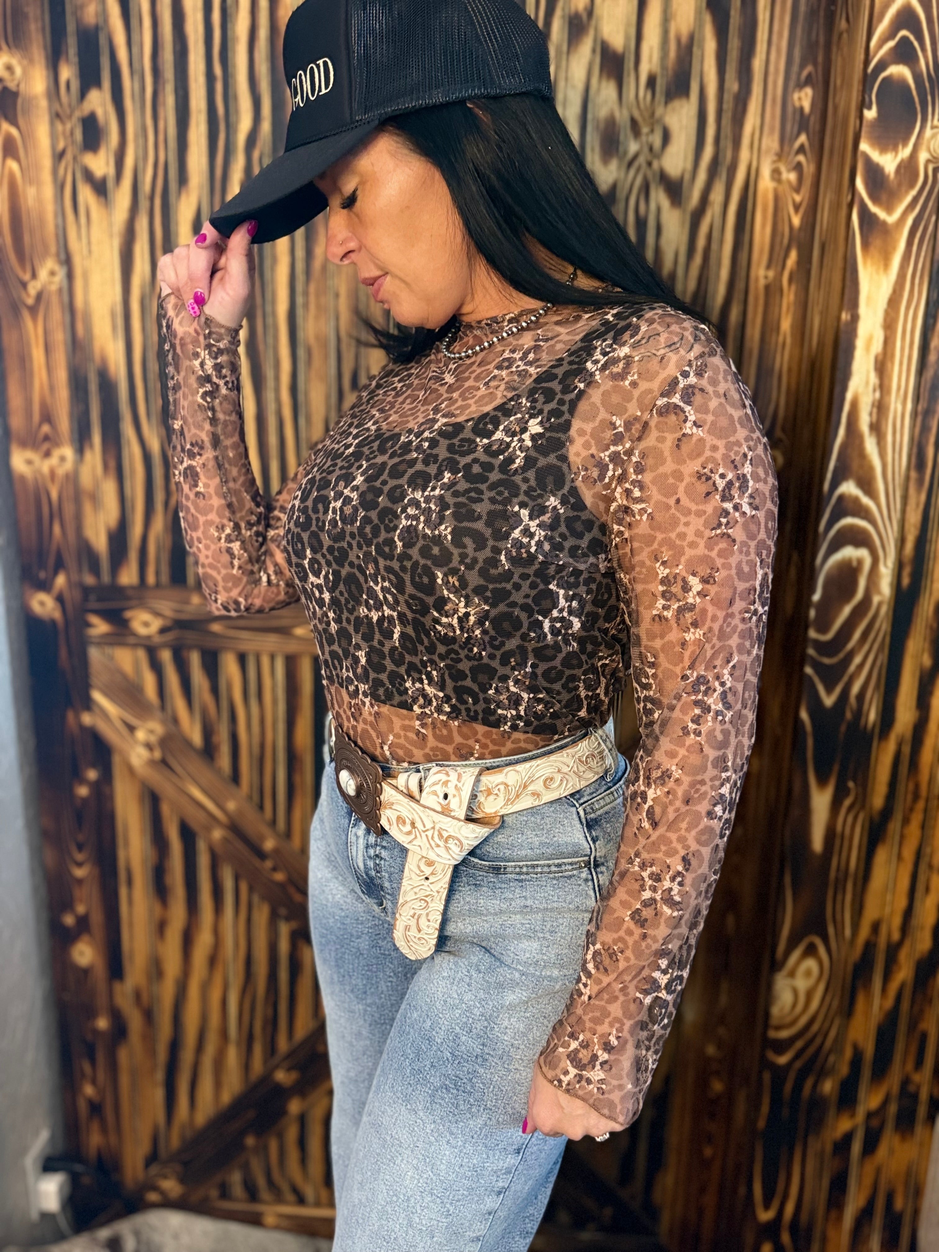 Leopard Lace Long Sleeve Stretch Top