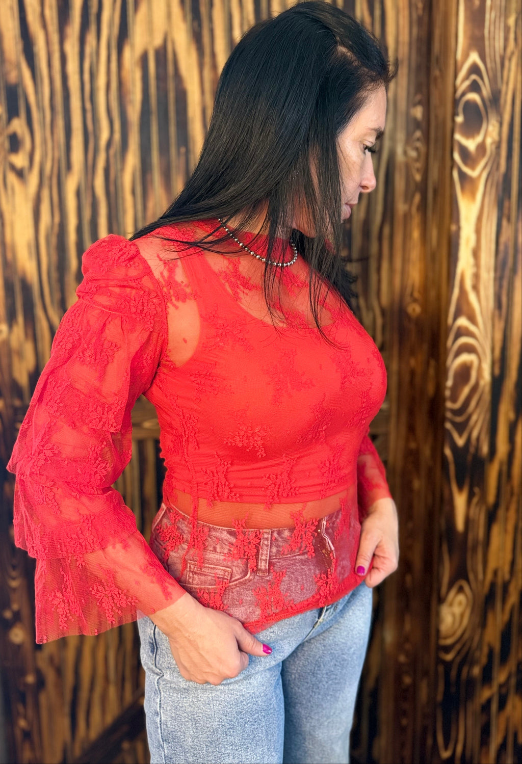 Red Ruffle Sleeve Lace Top