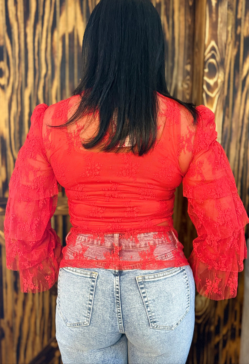 Red Ruffle Sleeve Lace Top