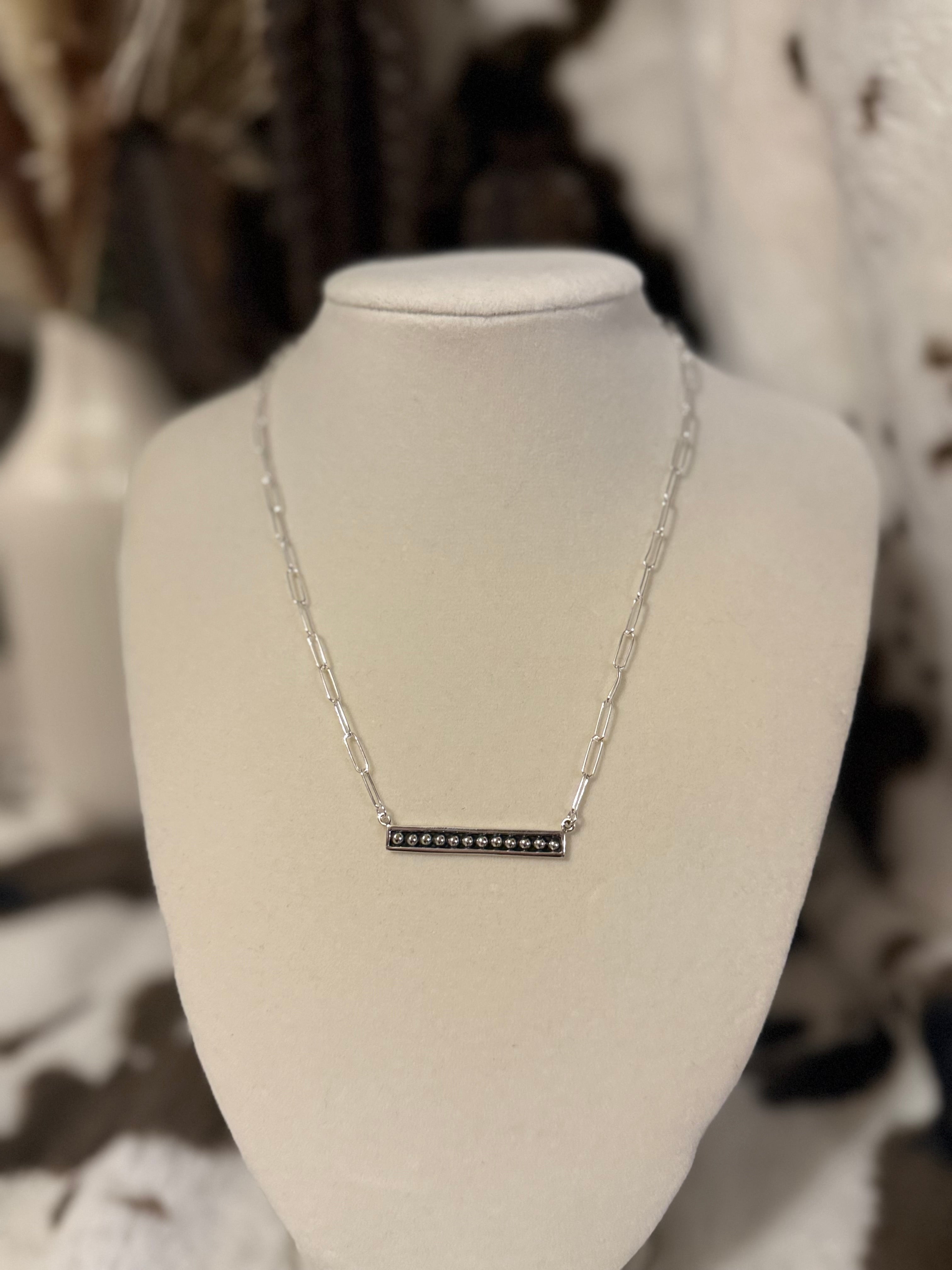 Sterling Silver Beaded Bar Paperclip Necklace
