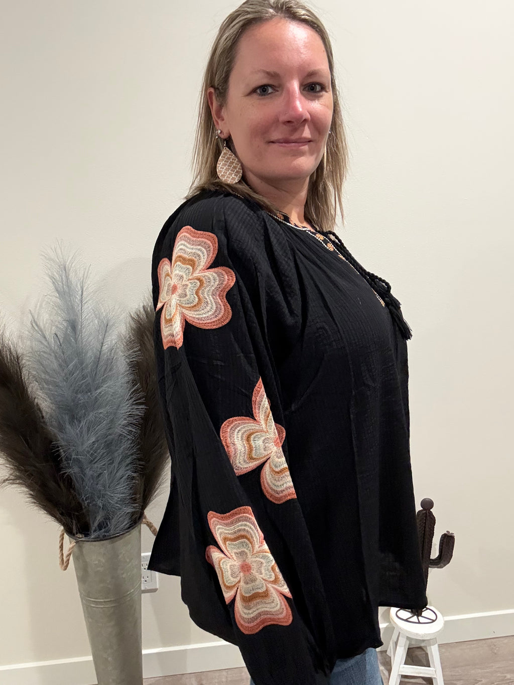 Loose-fit Blouse with embroidered floral sleeves