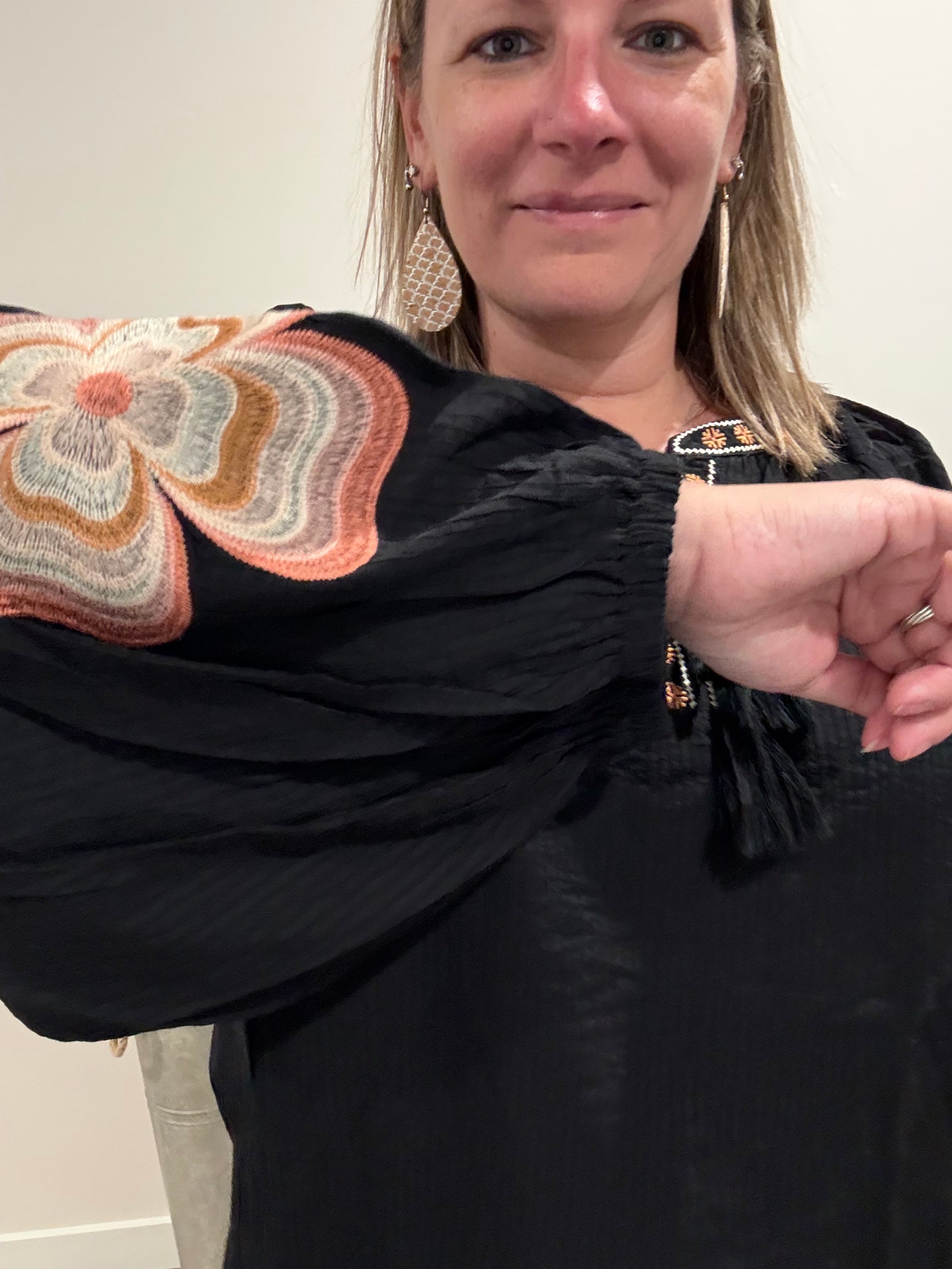 Loose-fit Blouse with embroidered floral sleeves
