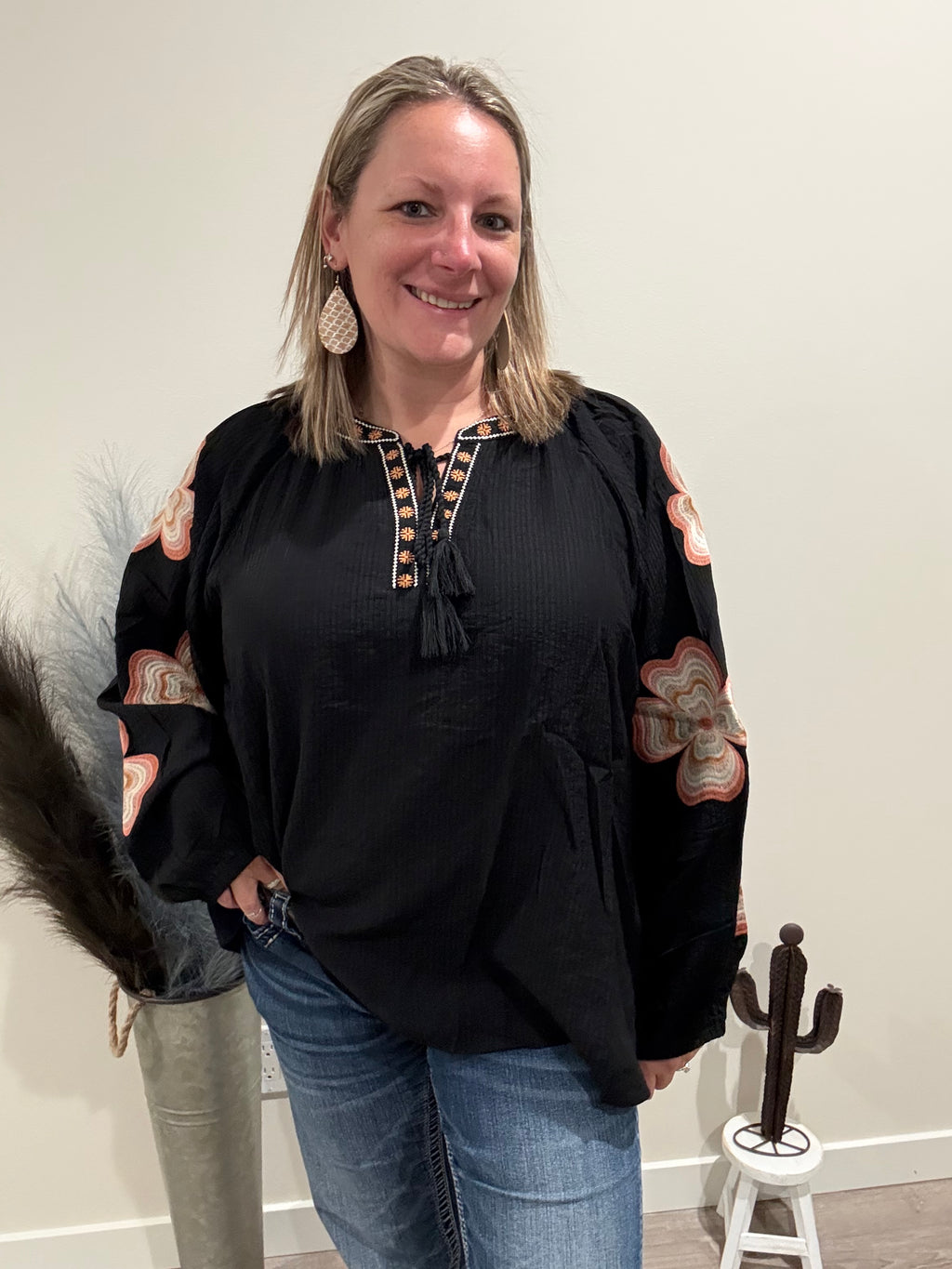 Loose-fit Blouse with embroidered floral sleeves