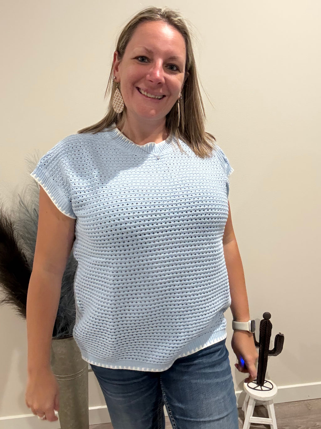 Blue Open-knit Short-sleeve Top