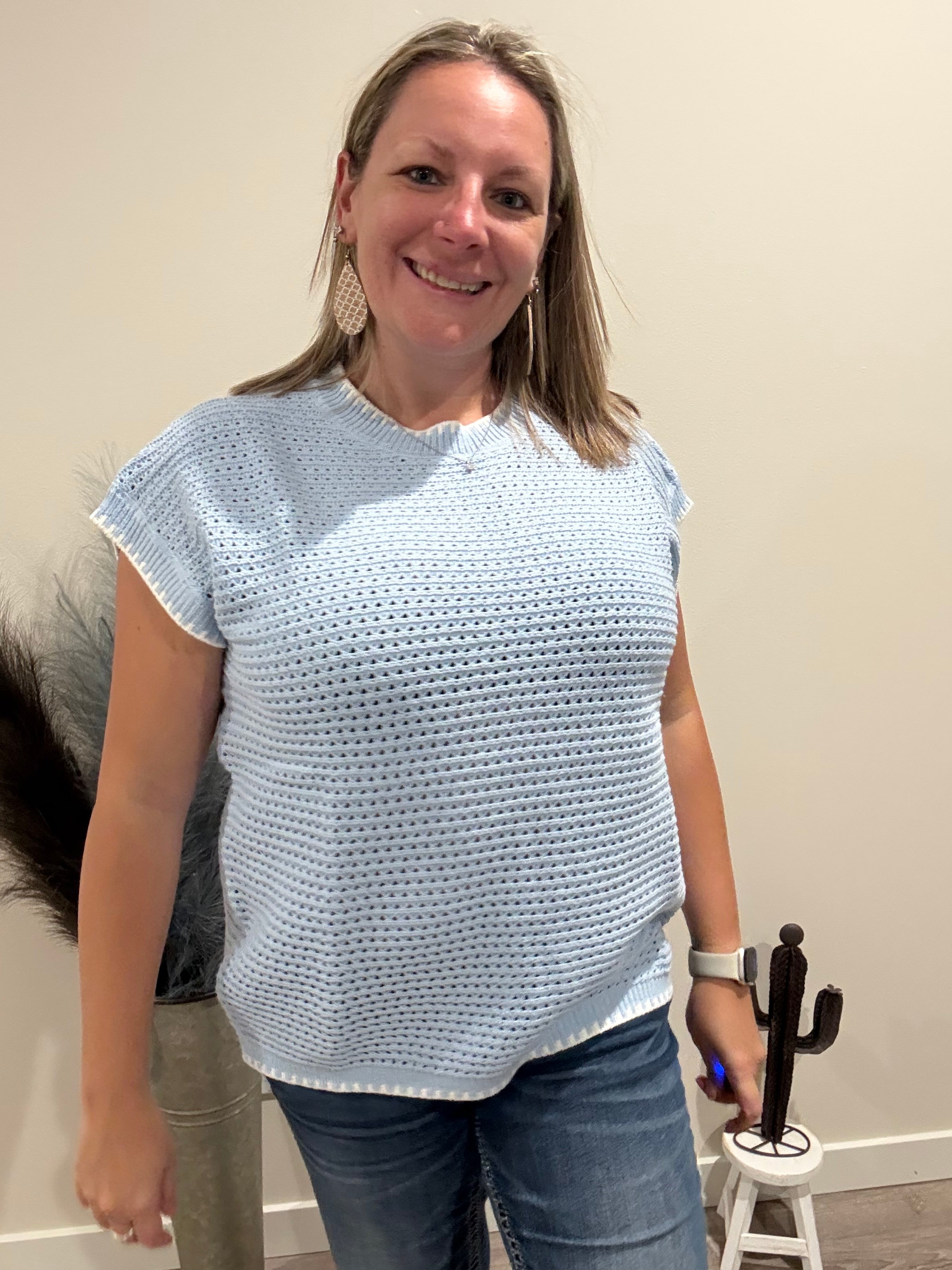 Blue Open-knit Short-sleeve Top