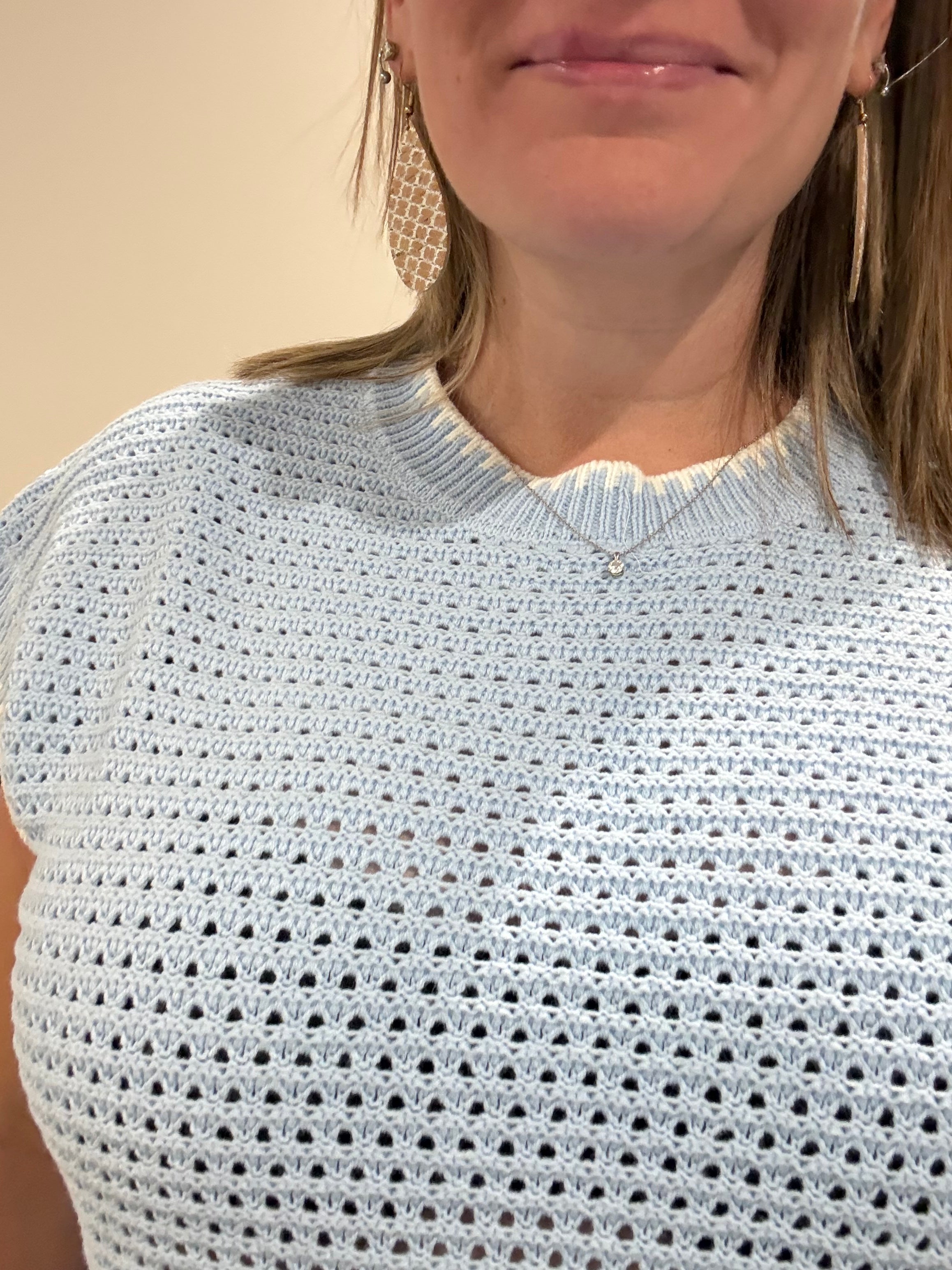 Blue Open-knit Short-sleeve Top