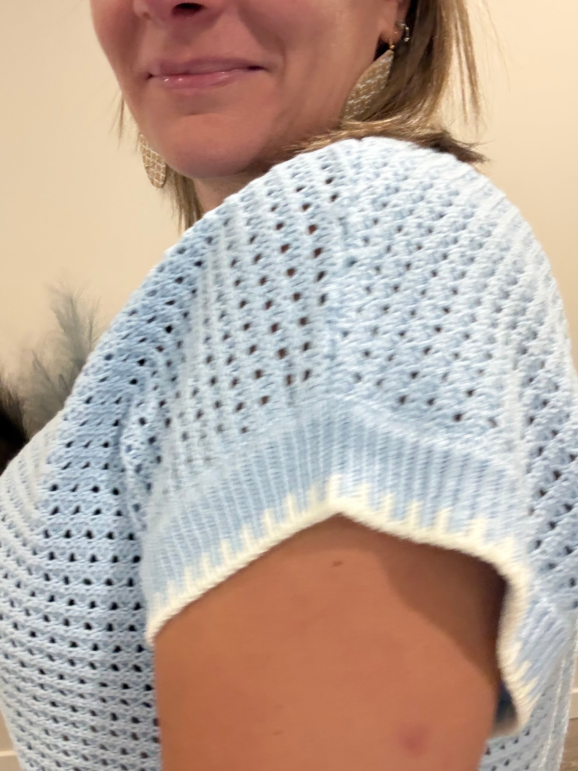 Blue Open-knit Short-sleeve Top