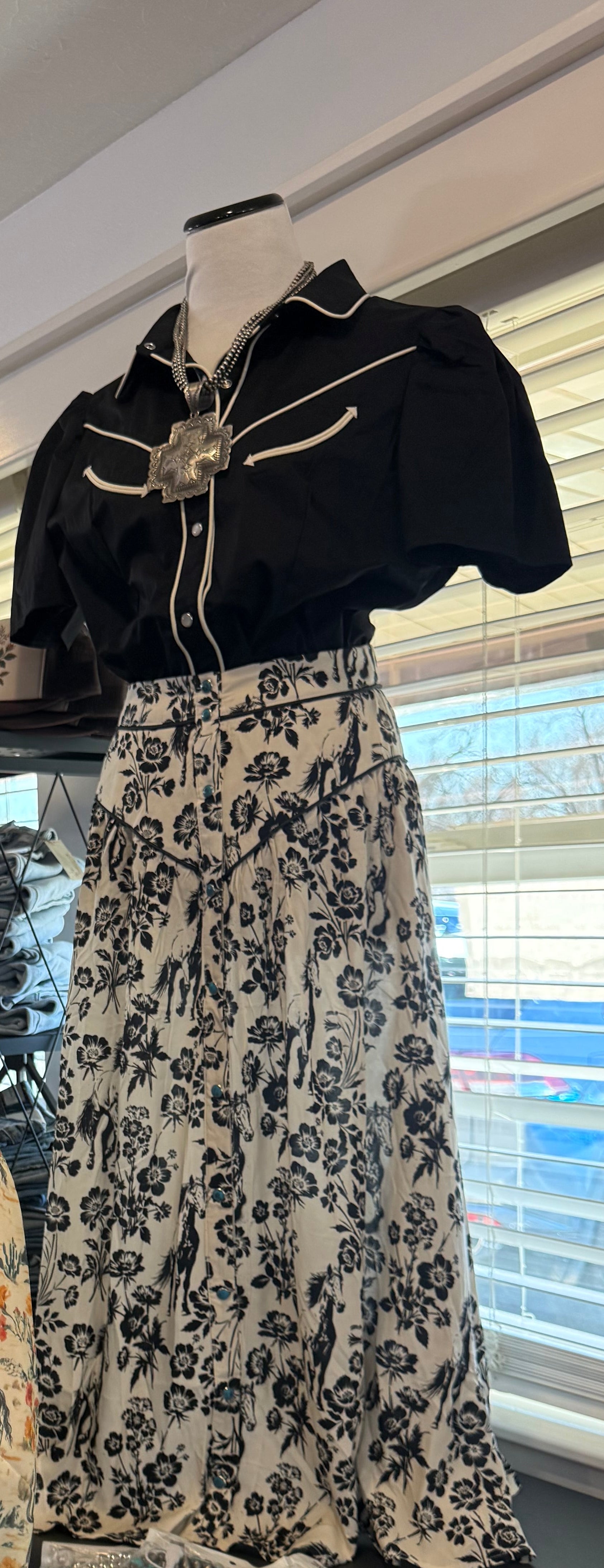 Cream & Black Floral Horse Printed Button Down Skirt
