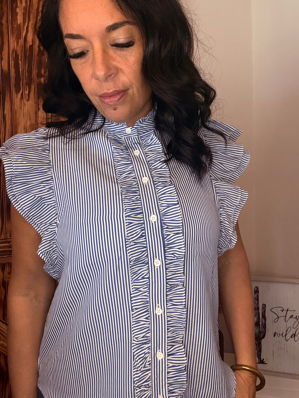 Costal Stripped ruffle sleeved shirt