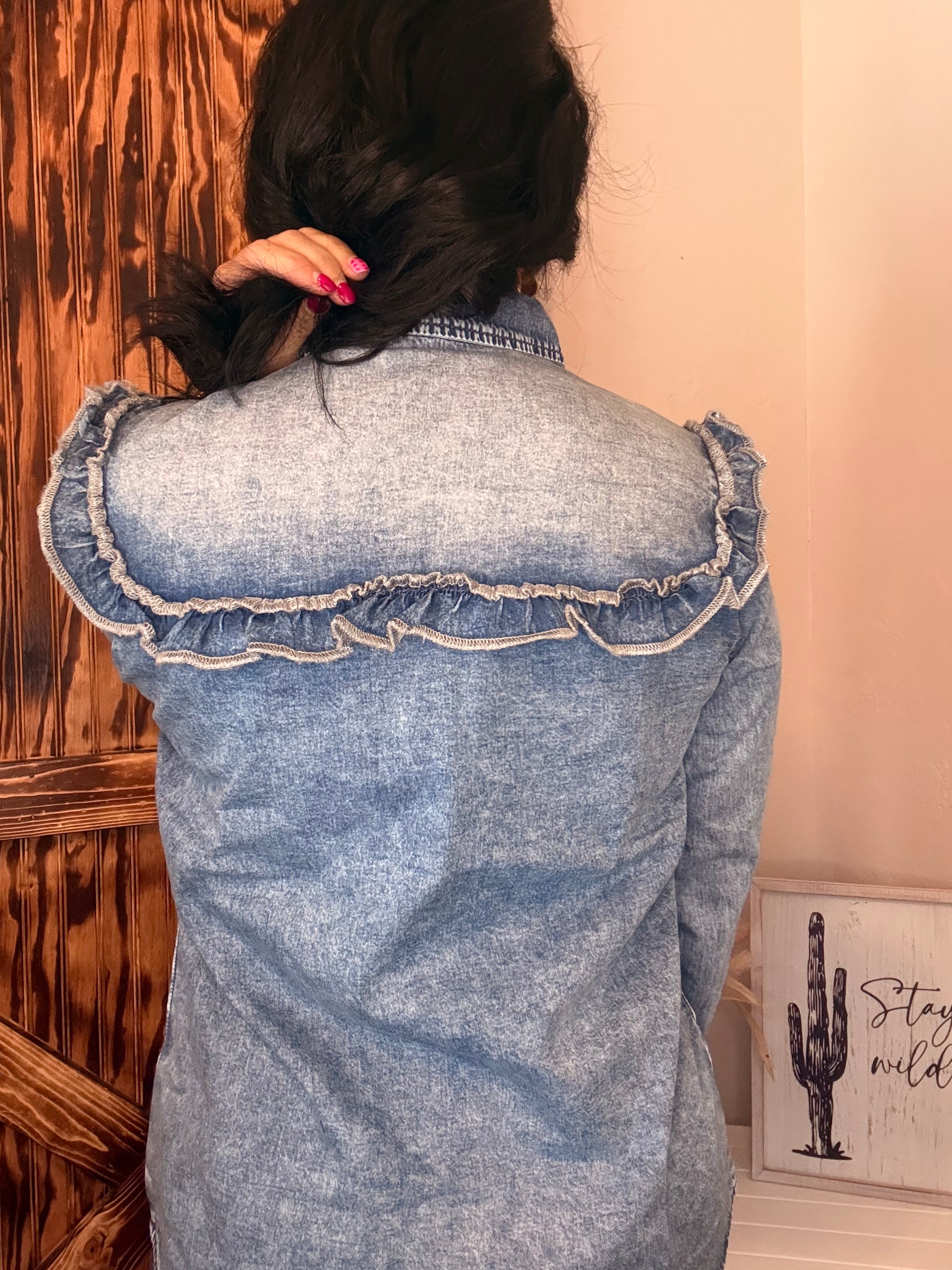 Dusk Blue Vintage Wash Denim Ruffle Button Down Shirt