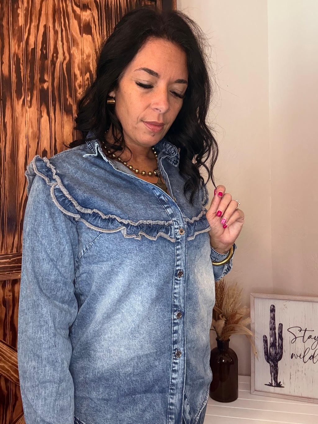 Dusk Blue Vintage Wash Denim Ruffle Button Down Shirt