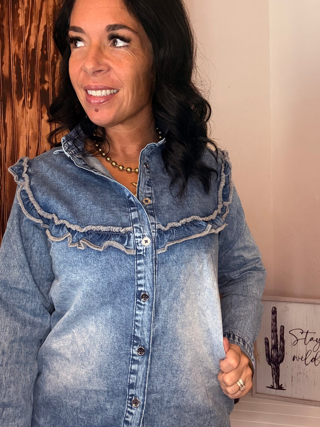 Dusk Blue Vintage Wash Denim Ruffle Button Down Shirt