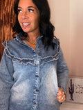 Dusk Blue Vintage Wash Denim Ruffle Button Down Shirt