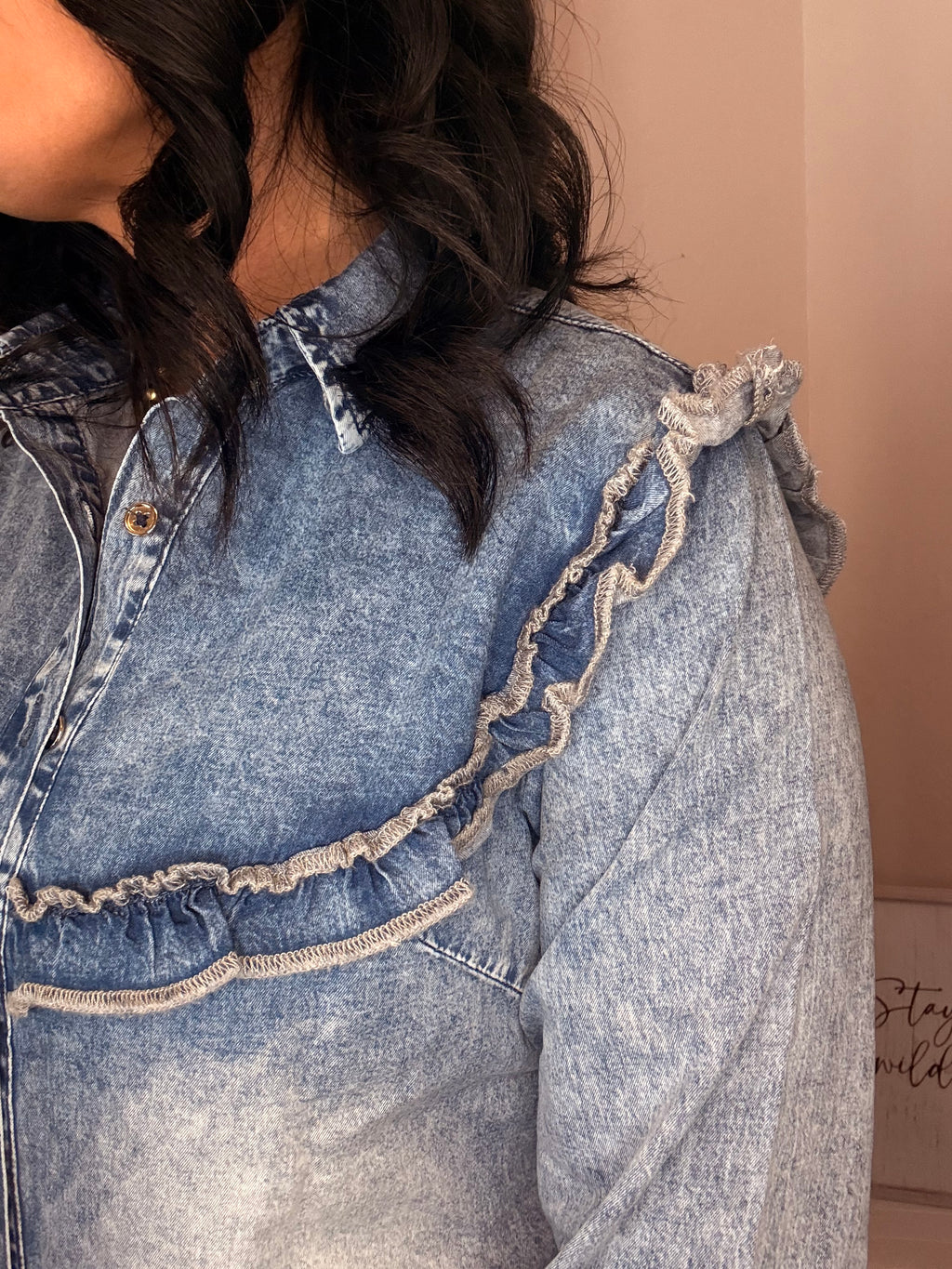 Dusk Blue Vintage Wash Denim Ruffle Button Down Shirt