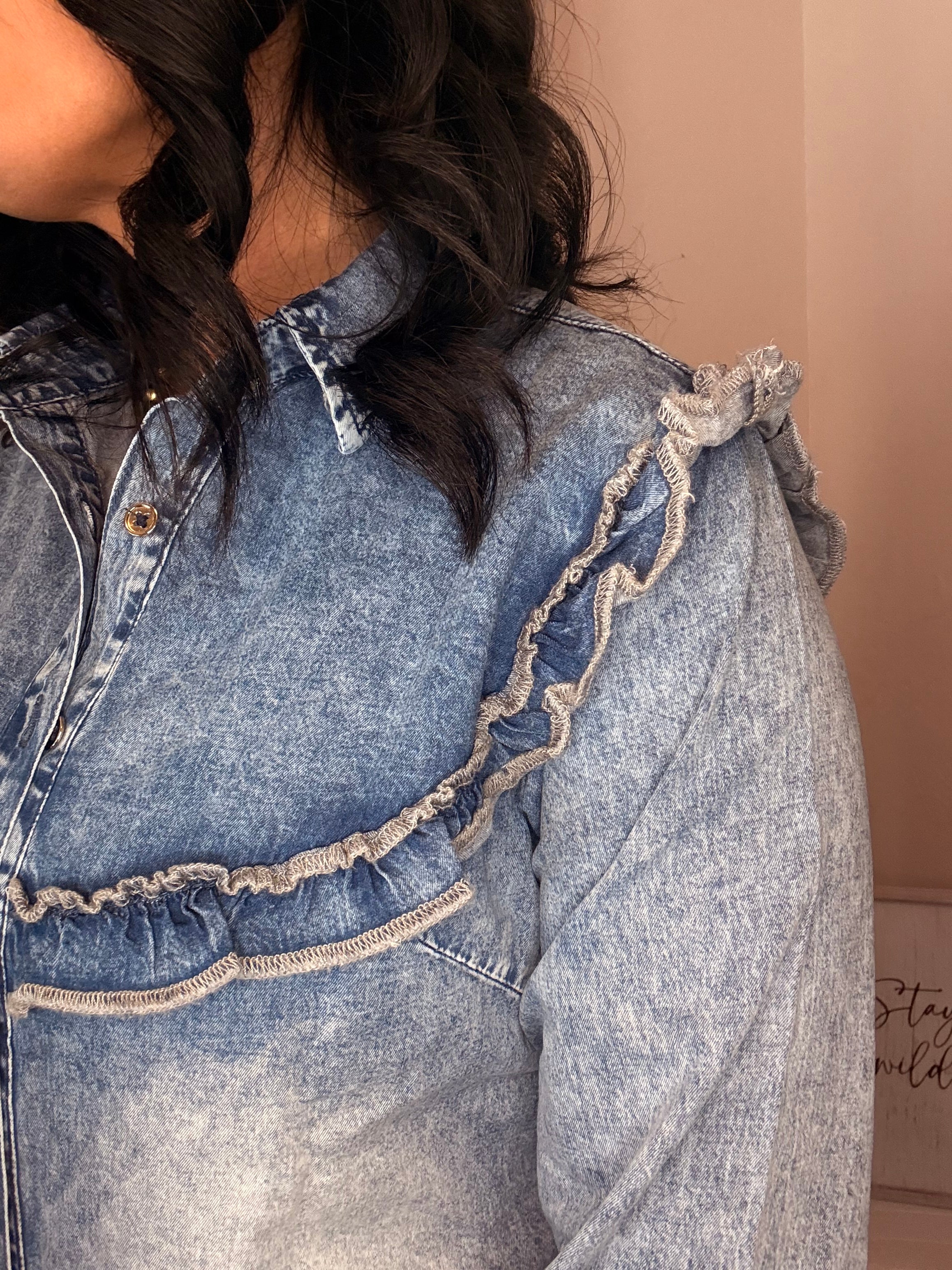 Dusk Blue Vintage Wash Denim Ruffle Button Down Shirt