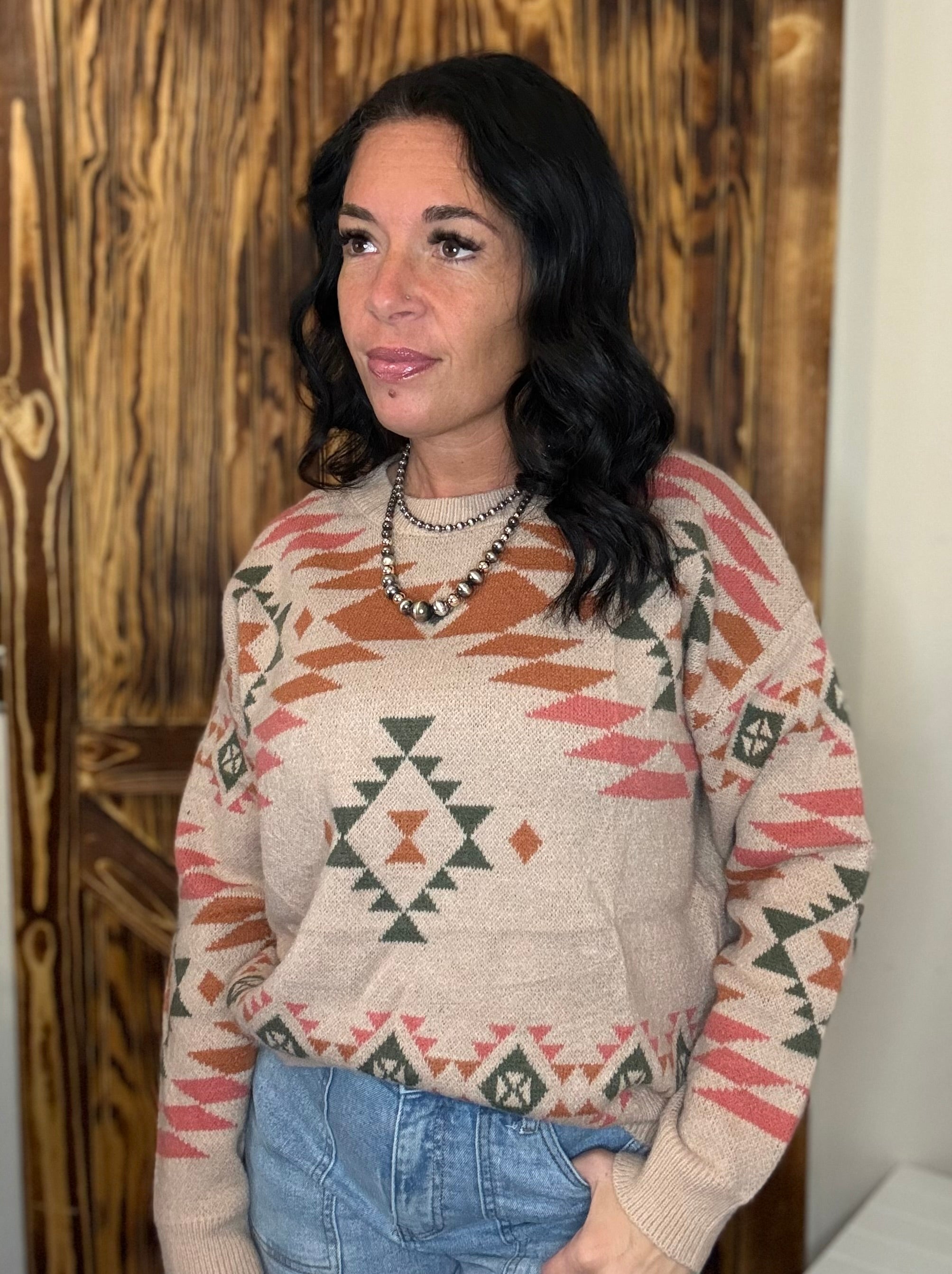 Aztec Soft Pink Knitted Pullover Sweater