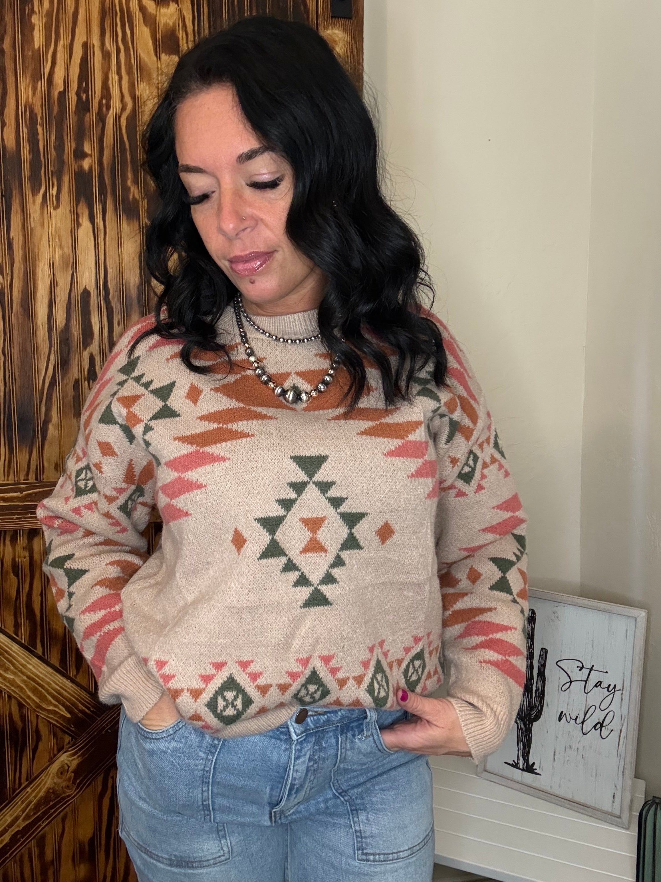 Aztec Soft Pink Knitted Pullover Sweater