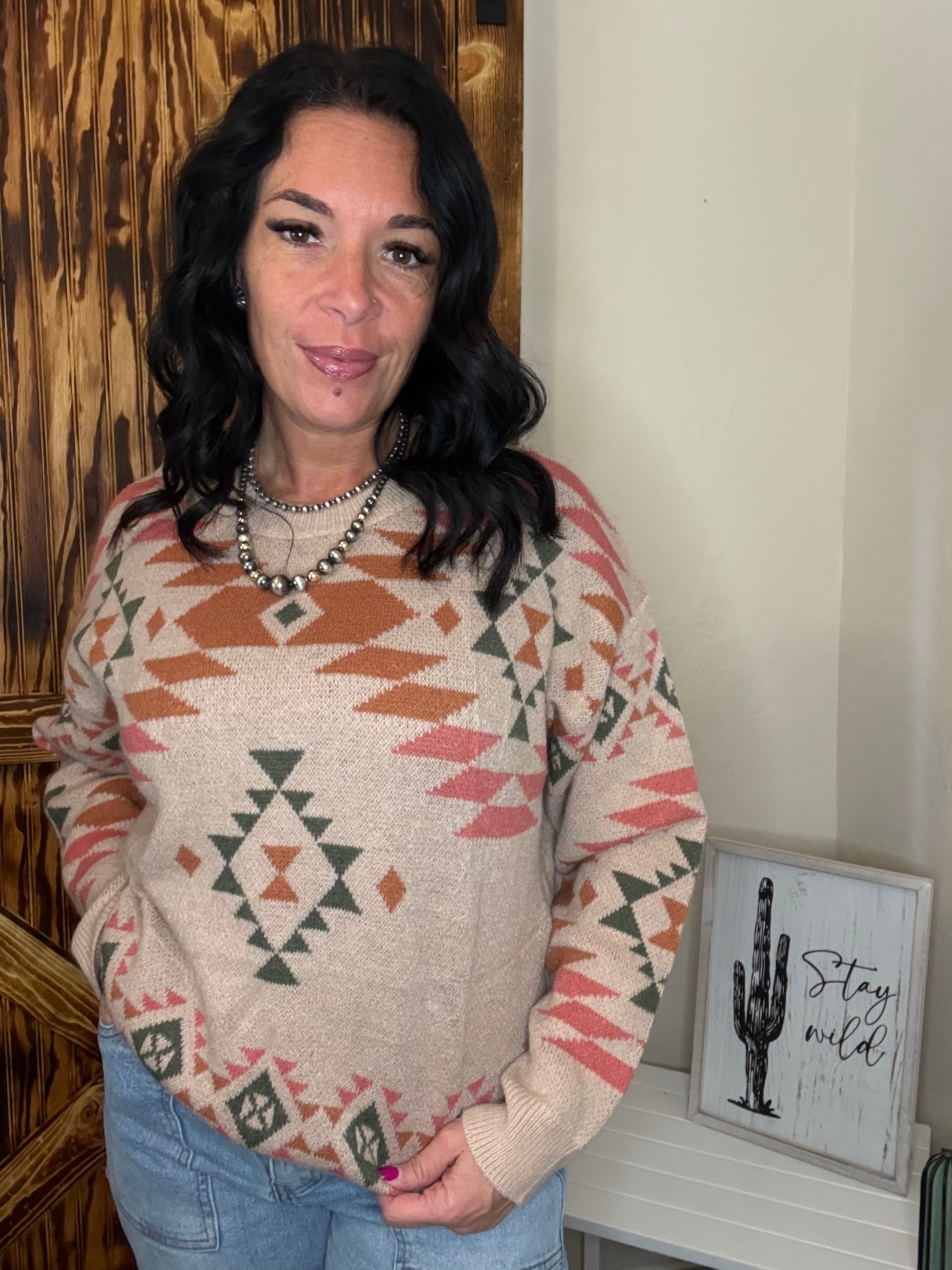 Aztec Soft Pink Knitted Pullover Sweater
