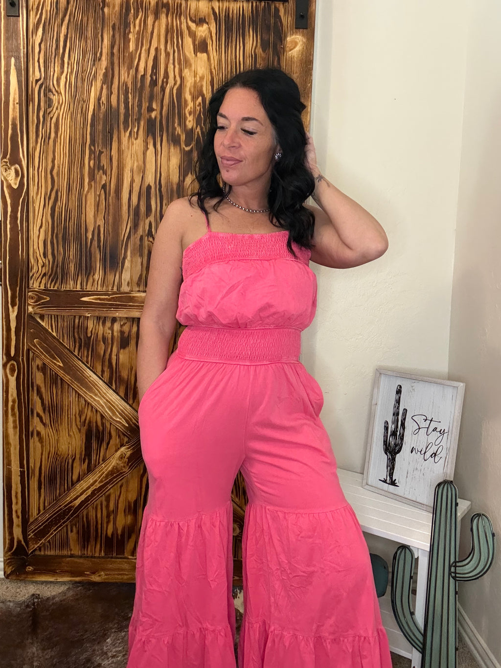 Candy Pink Mineral Washed Wide Leg Jumpsuit