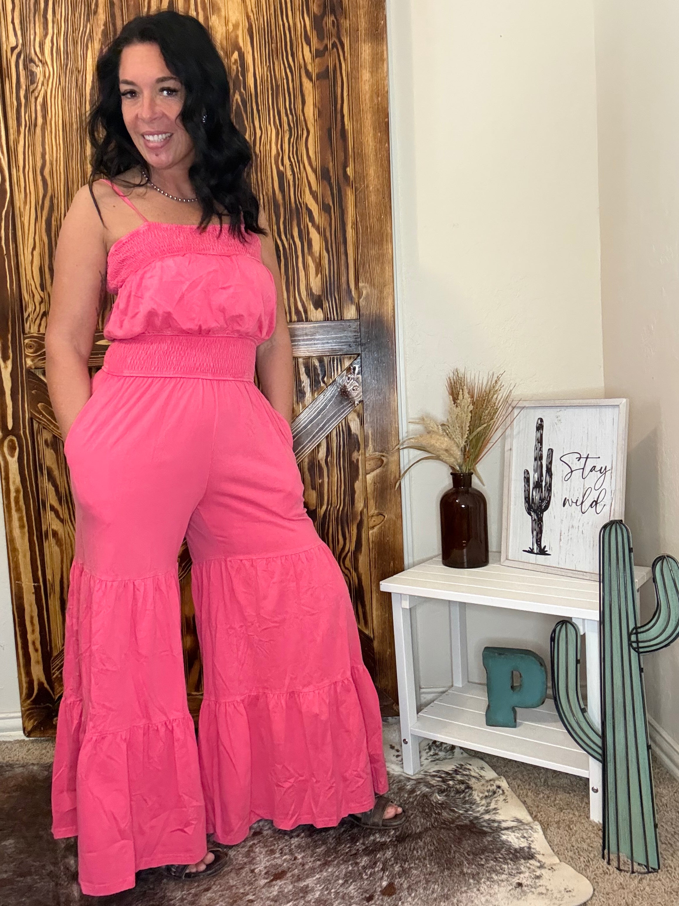 Candy Pink Mineral Washed Wide Leg Jumpsuit