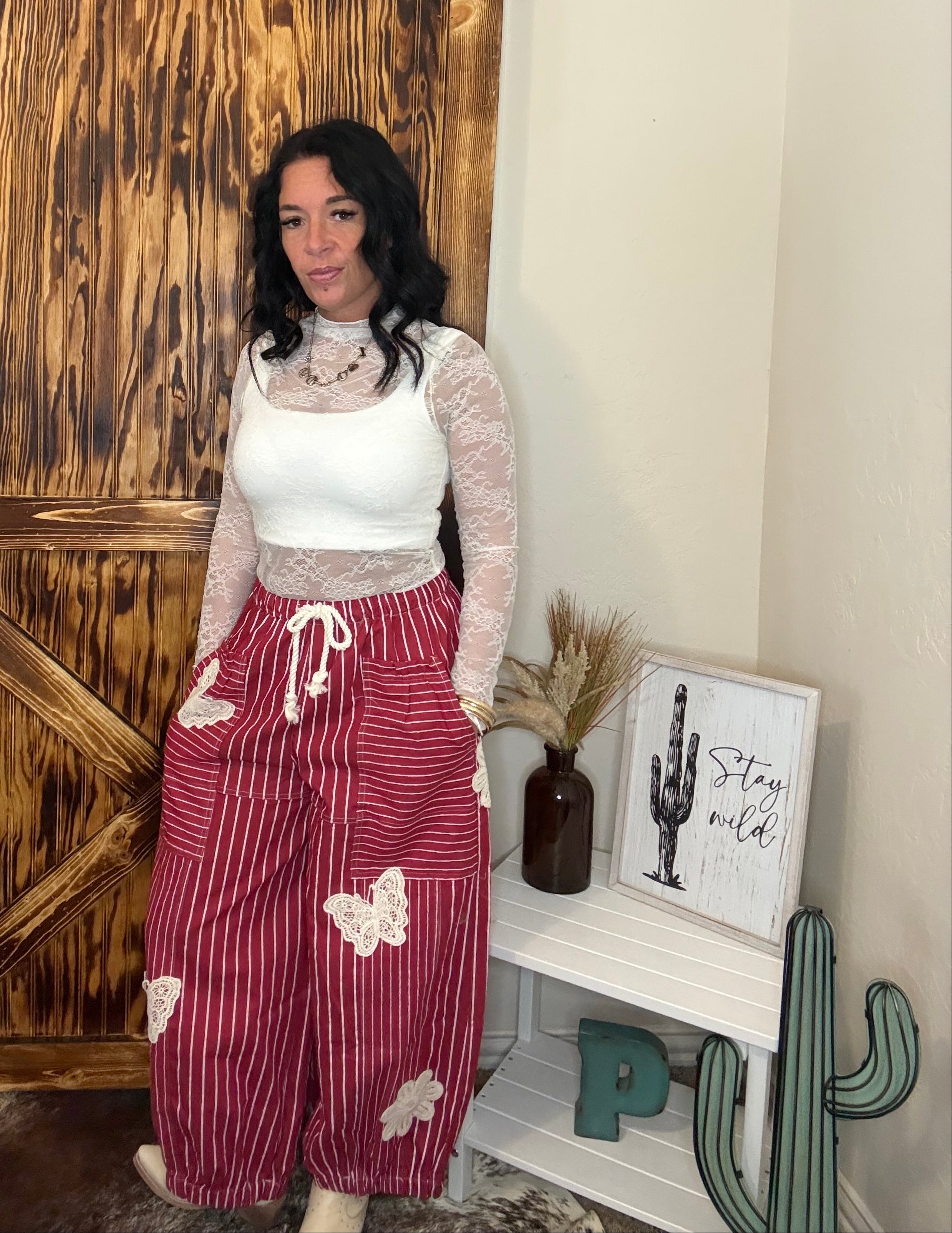 Red Patch Detail Denim Strip Barrel Pants