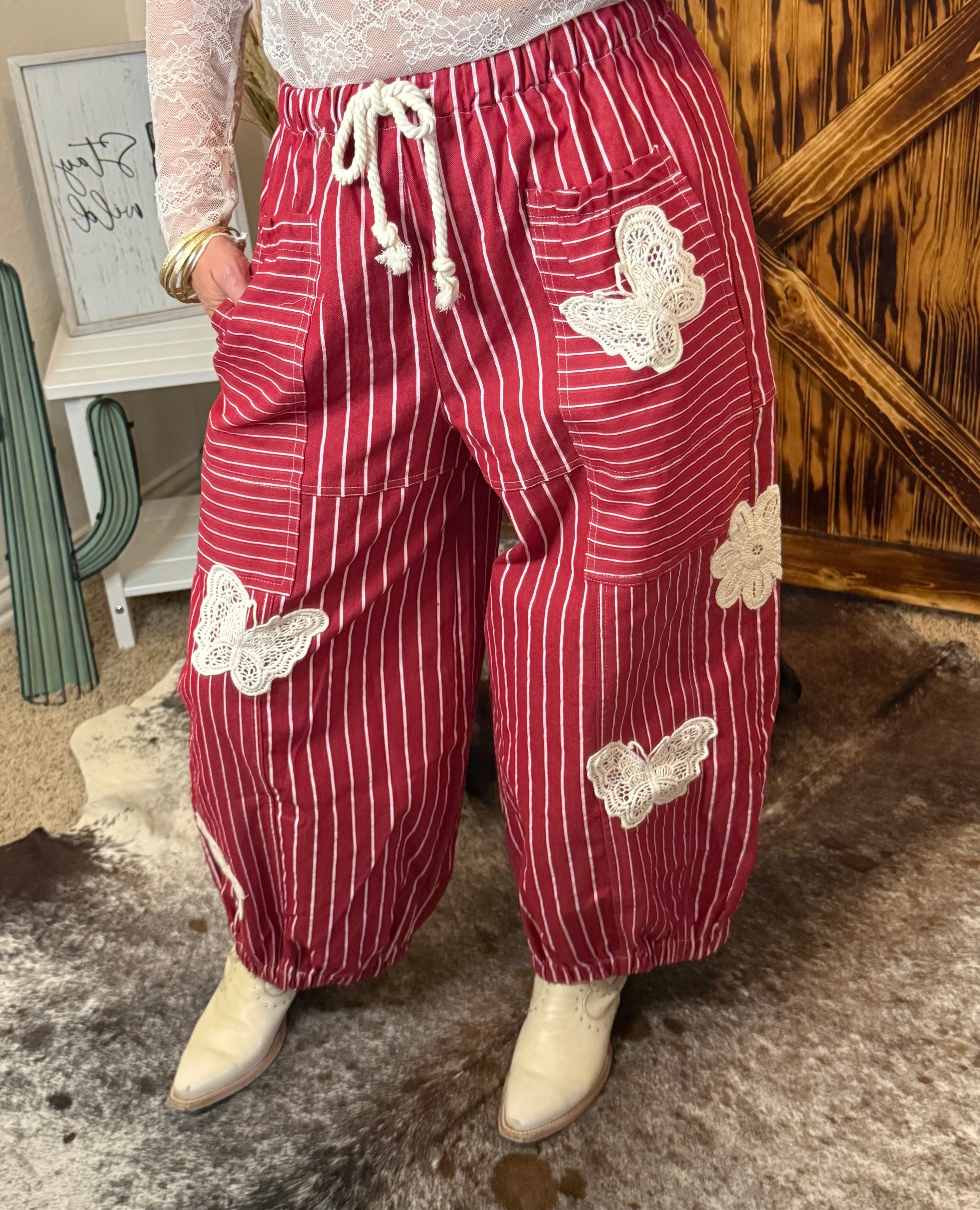 Red Patch Detail Denim Strip Barrel Pants