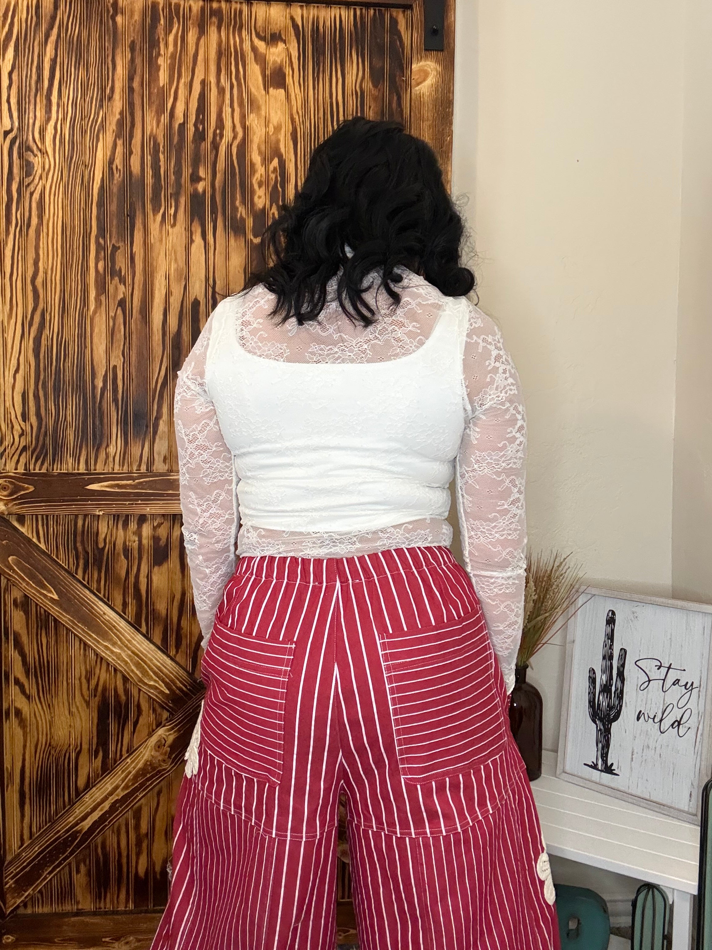 Red Patch Detail Denim Strip Barrel Pants