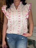 Printed woven scalloped edge detail ruffled sleeves v neck Top