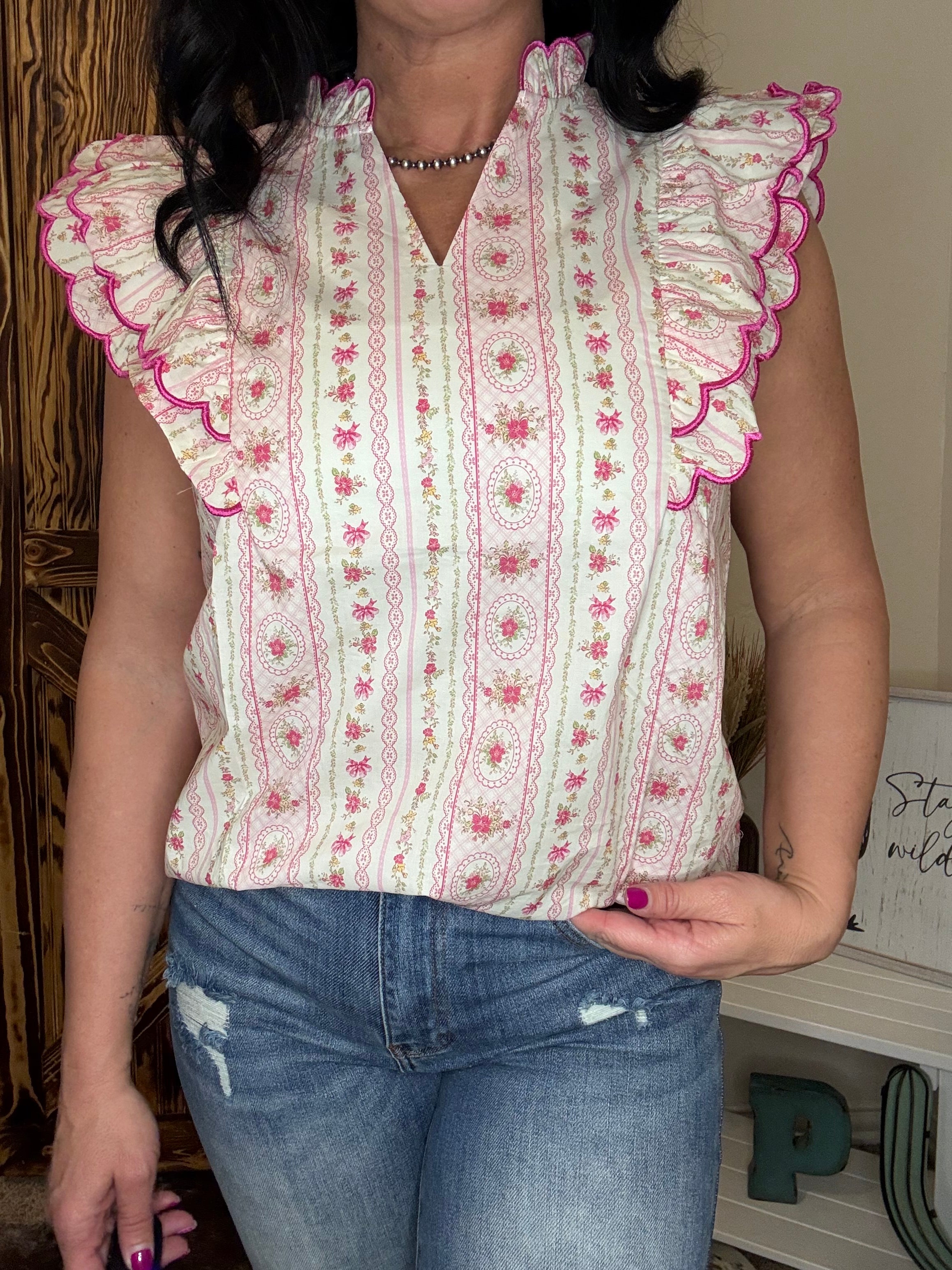 Printed woven scalloped edge detail ruffled sleeves v neck Top