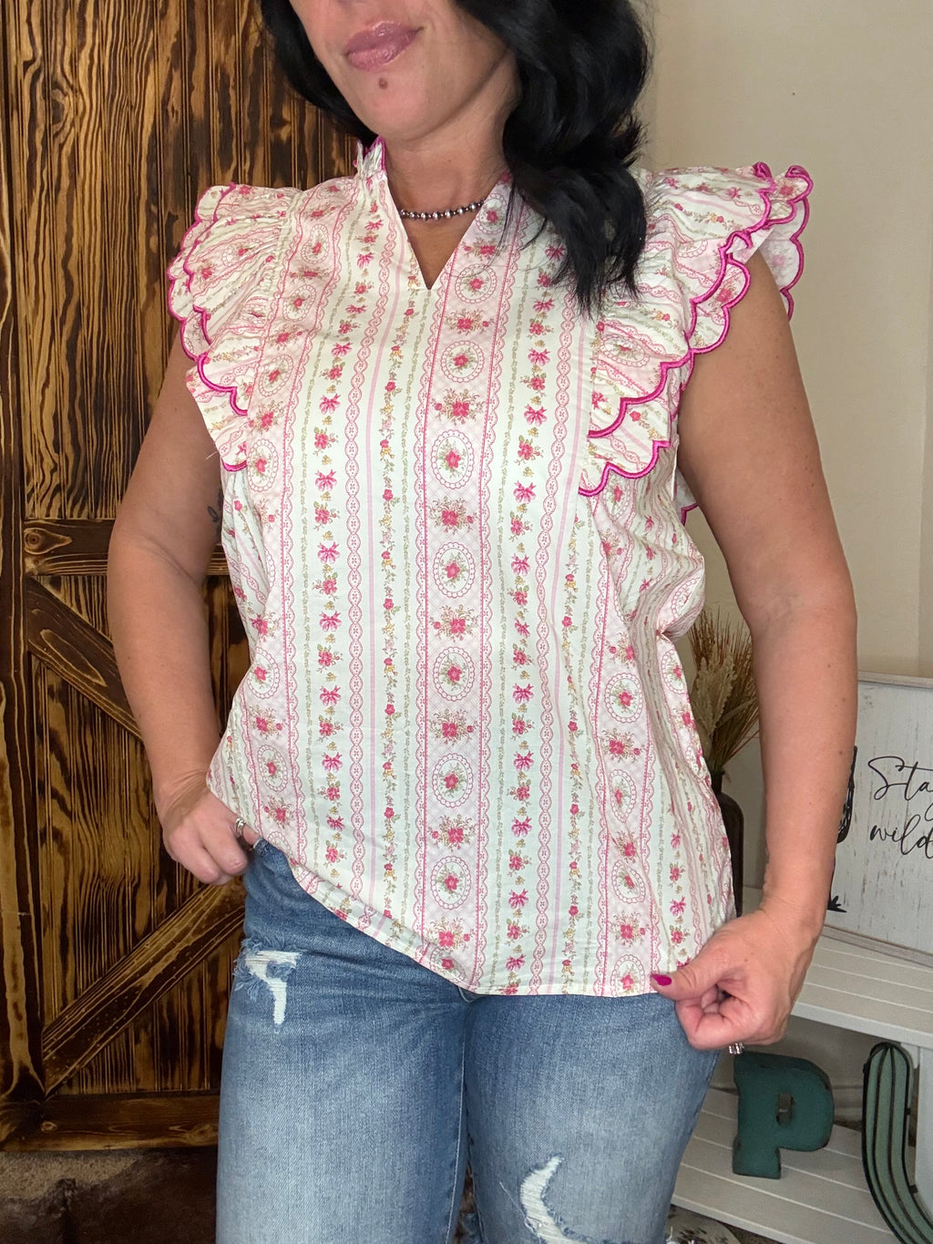Printed woven scalloped edge detail ruffled sleeves v neck Top